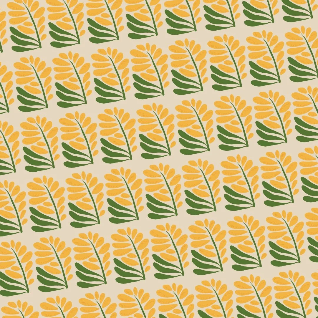 Pattern of stylized yellow and green floral designs on a beige background.