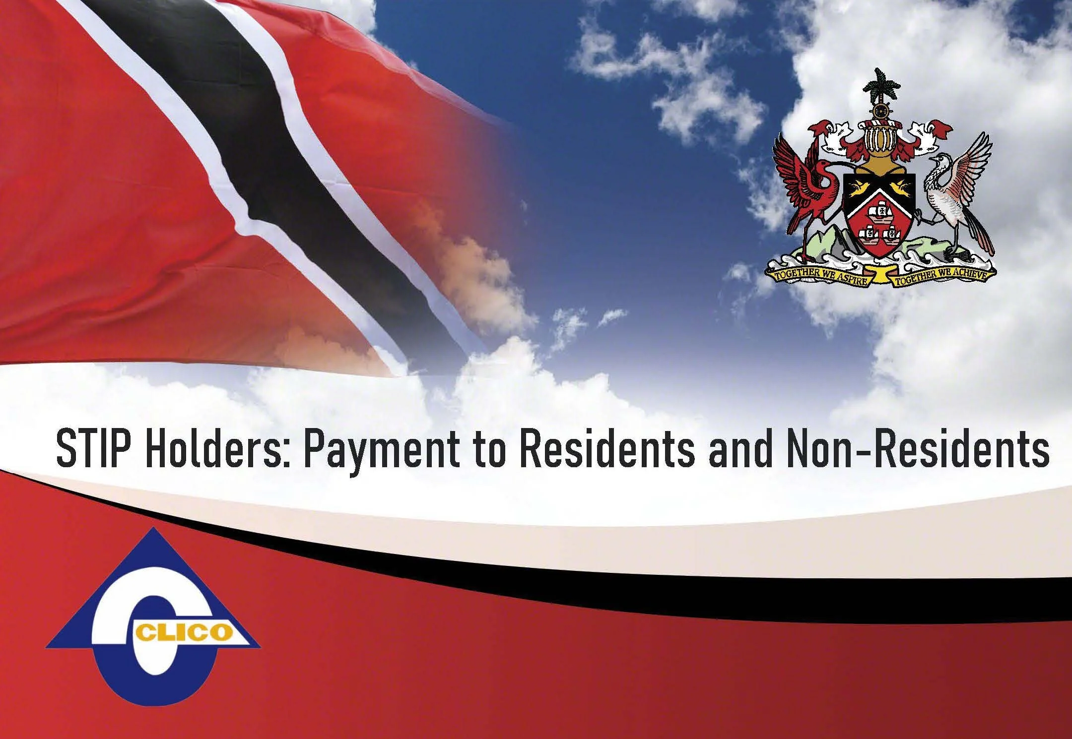 The image features a red, black, and white flag waving against a cloudy blue sky, with a city crest emblem that includes a shield, eagle, and lion, accompanied by a ribbon containing the phrase 'Together We Aspire, Together We Achieve,' and part of a logo with a large blue letter 'C' and the word 'Clico' at the bottom.