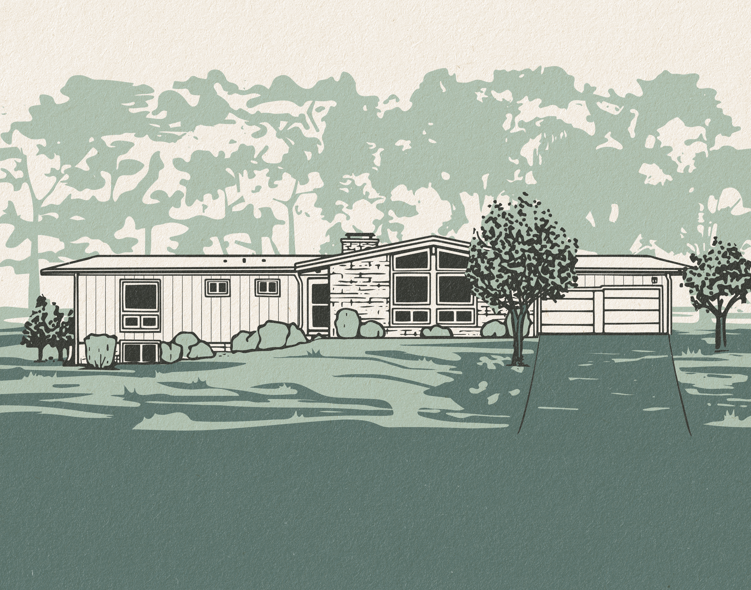 A mid-century modern house with large windows, surrounded by a lawn and trees, under a cloudy sky.