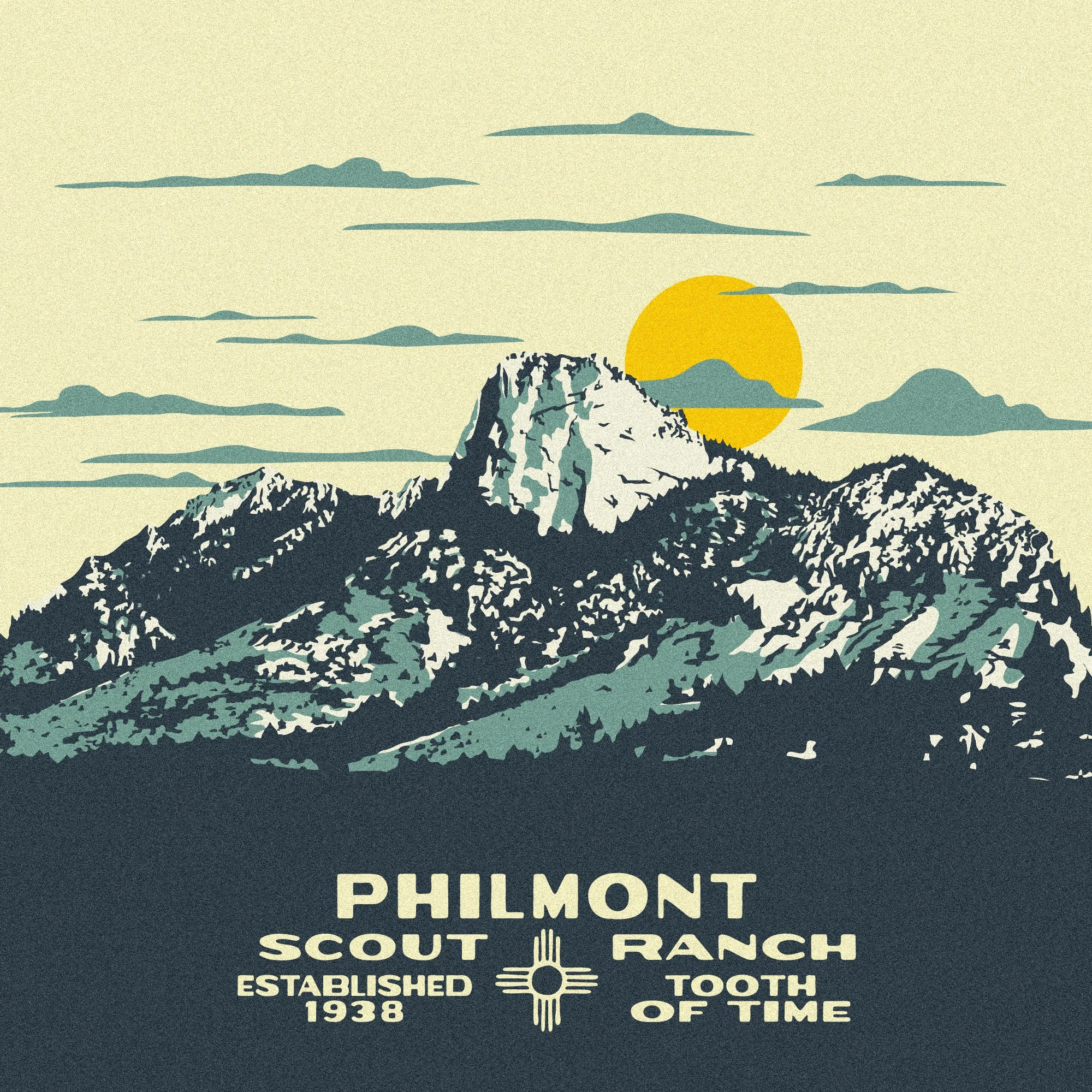 A stylized illustration of a mountain with a sunset or sunrise in the background, with text reading "Philmont Scout Ranch, Established 1938, Tooth of Time."