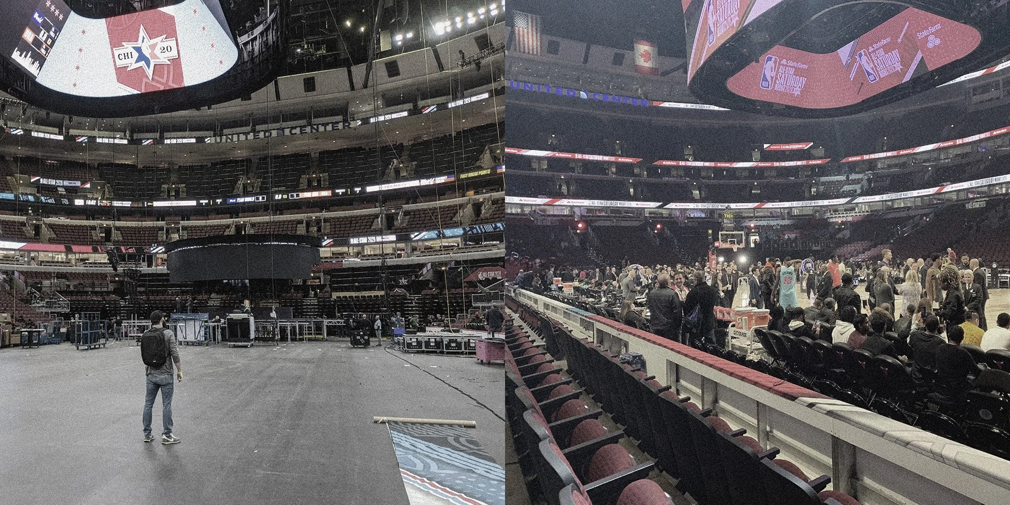 The left side of the image shows a person standing inside an empty basketball arena, with visible seating, electronics, and a large screen with a logo. The right side shows the same arena now filled with seated spectators and a basketball game underw
