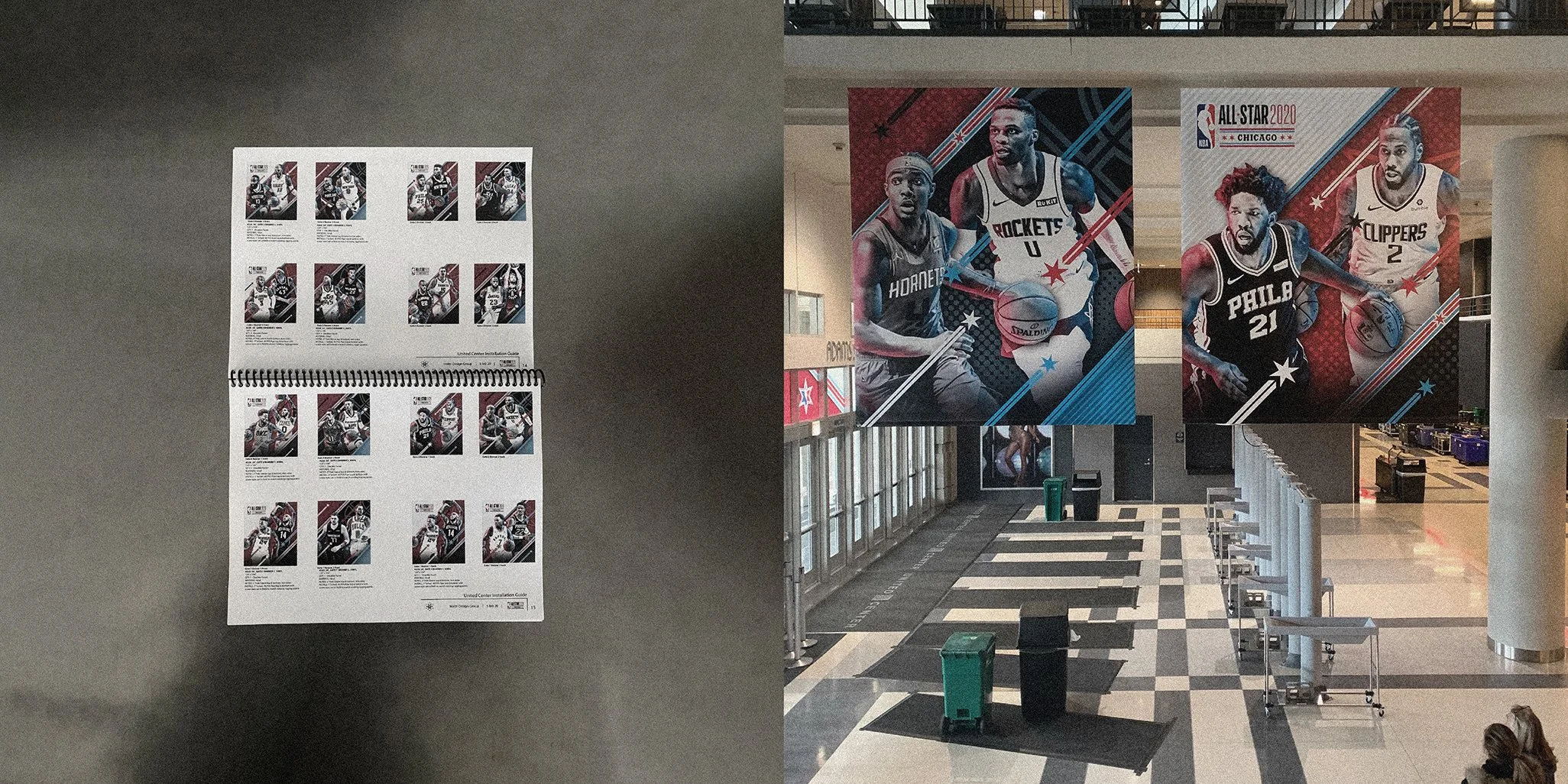 Image of a display poster for the 2020 NBA All-Star game in Chicago with posters of basketball players, and a lobby area with chairs, trash bins, and large NBA-themed banners of basketball players.