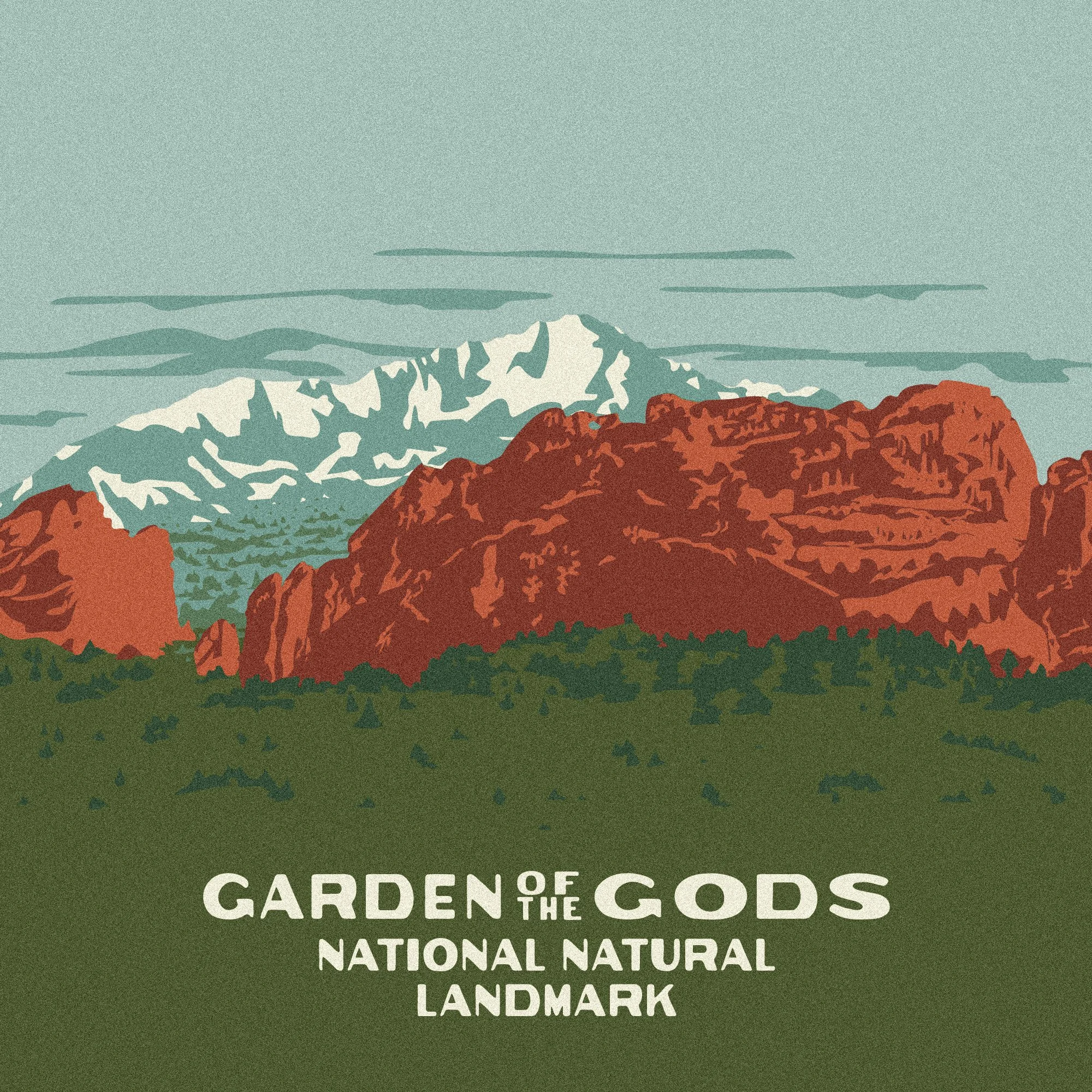 Illustration of the Garden of the Gods National Natural Landmark with red rock formations, green trees, snow-capped mountain in the background, and a cloudy sky.