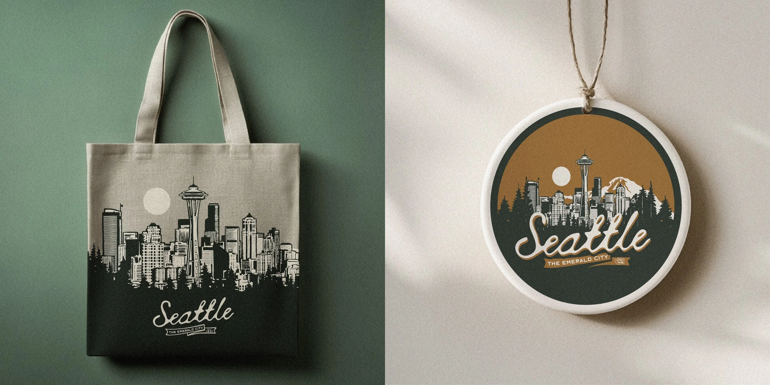 Two Seattle-themed souvenirs: a tote bag and a circular ornament, both featuring the Seattle skyline with the Space Needle, Mount Rainier, and the words "Seattle" and "The Emerald City."