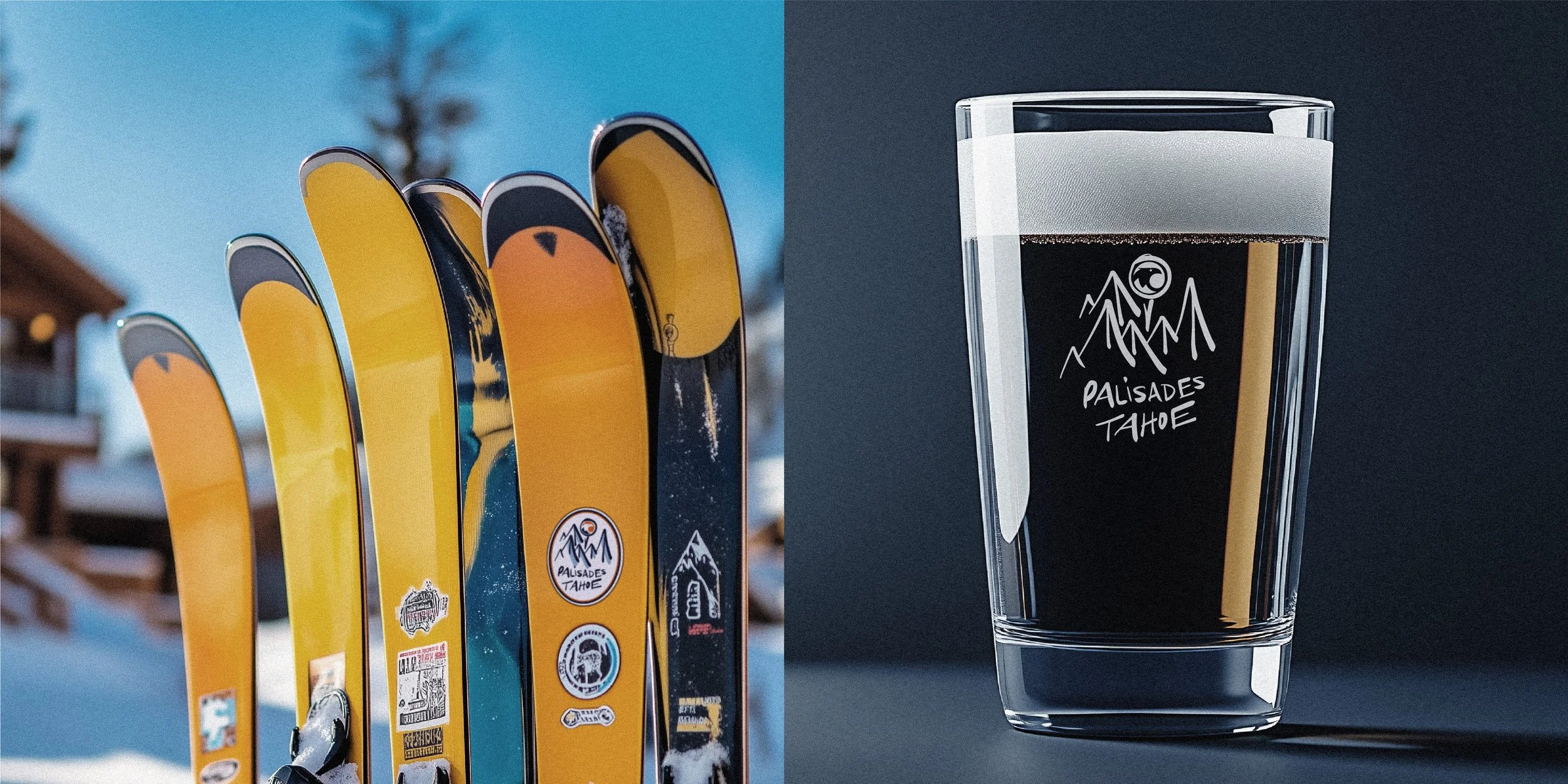 A split image showing outdoor skis with stickers on the left and a glass of dark beer with a white foam head on the right, both featuring a mountain and sun logo with the text "Palisades Tahoe."