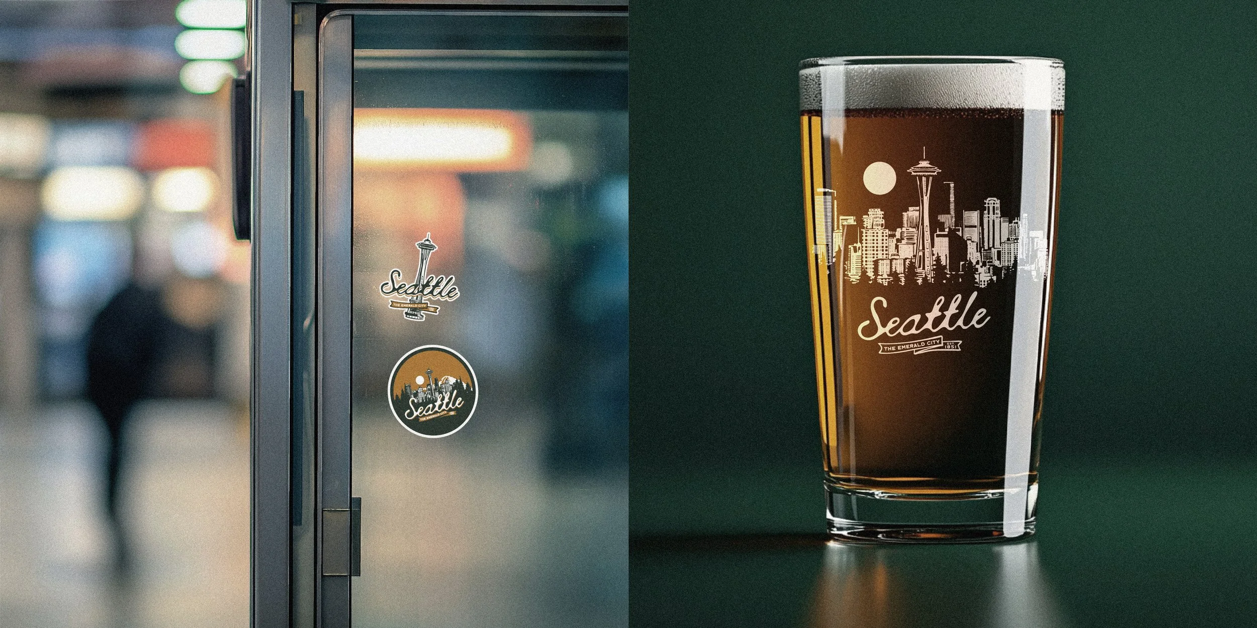 A glass of Seattle-themed beer with a panoramic skyline and the Space Needle, and a door with Seattle stickers.