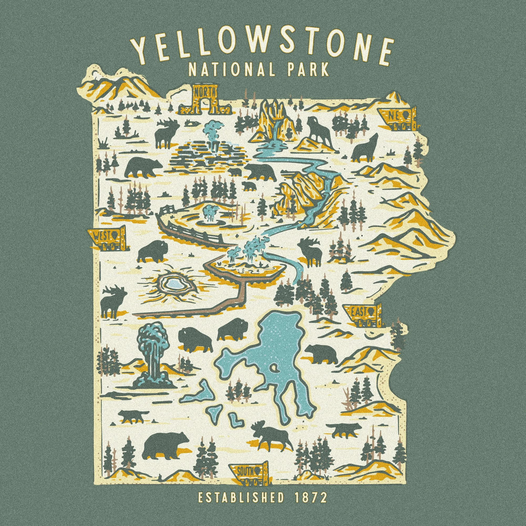 Illustrated map of Yellowstone National Park showing mountains, lakes, rivers, waterfalls, forests, and wildlife including bears, moose, buffalo, and wolves. Contains directional signs for North, South, East, West, and notes the park's establishment 