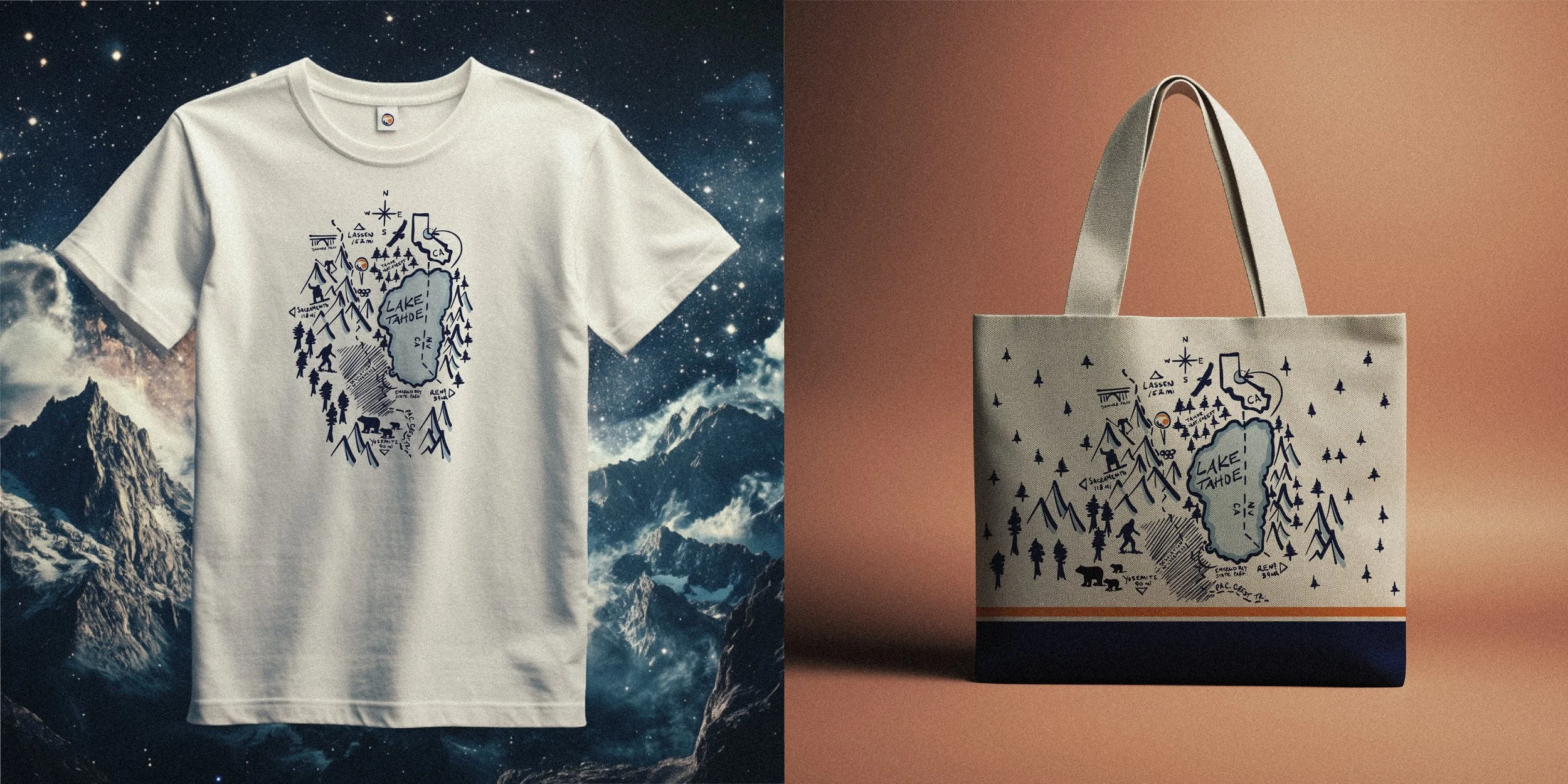 A white T-shirt and a tote bag both featuring a hand-drawn map of Lake Tahoe, with illustrations of mountains, trees, a bear, and labeled locations like Lassen, Sierra, and Yosemite, set against a cosmic mountain landscape background.