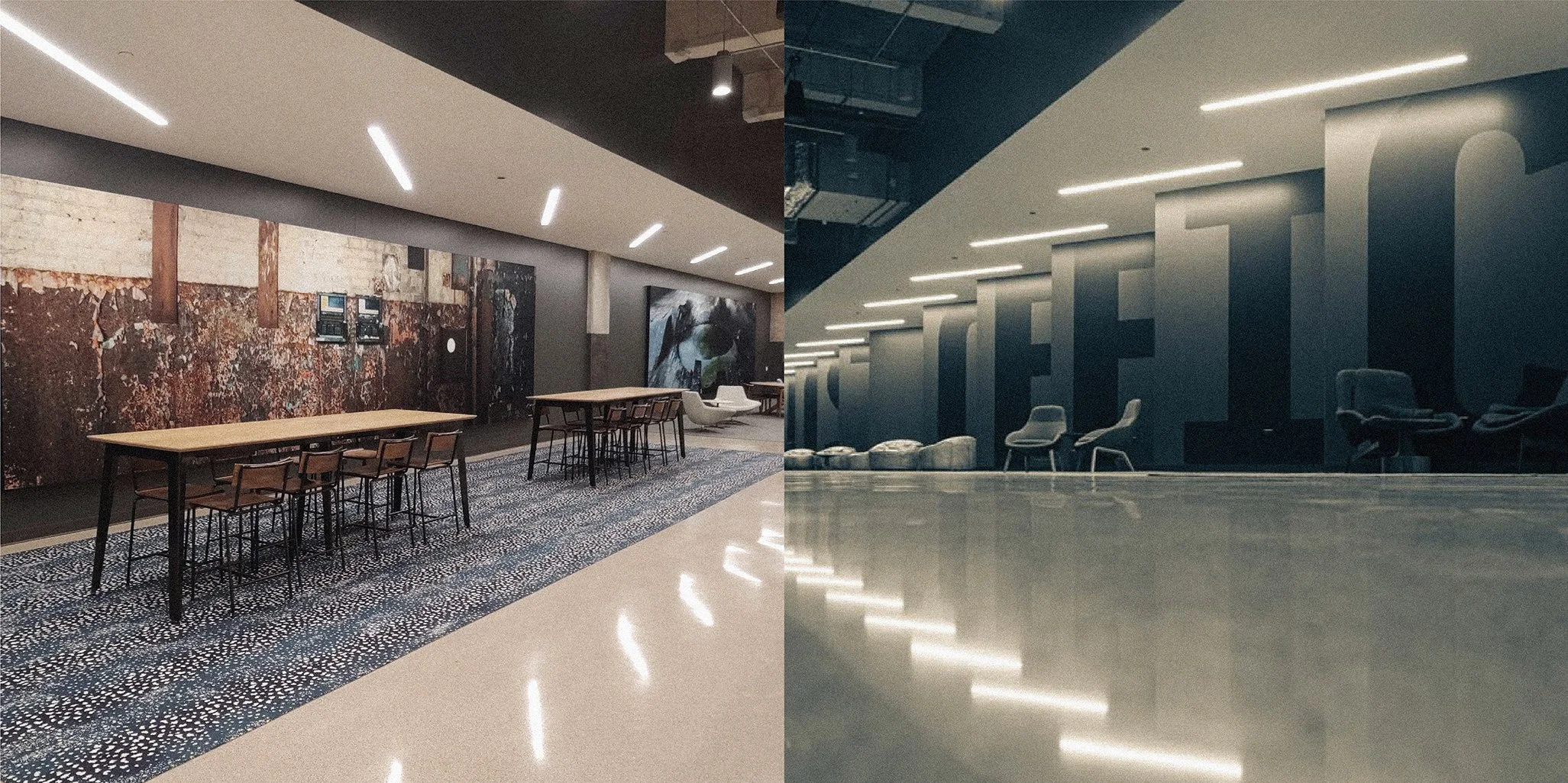 Split image showing two modern interior spaces. The left side features a well-lit room with tables, chairs, a carpet, and an exposed brick wall with art, while the right side shows a darker space with minimalist chairs, ceiling lights, and a reflecti