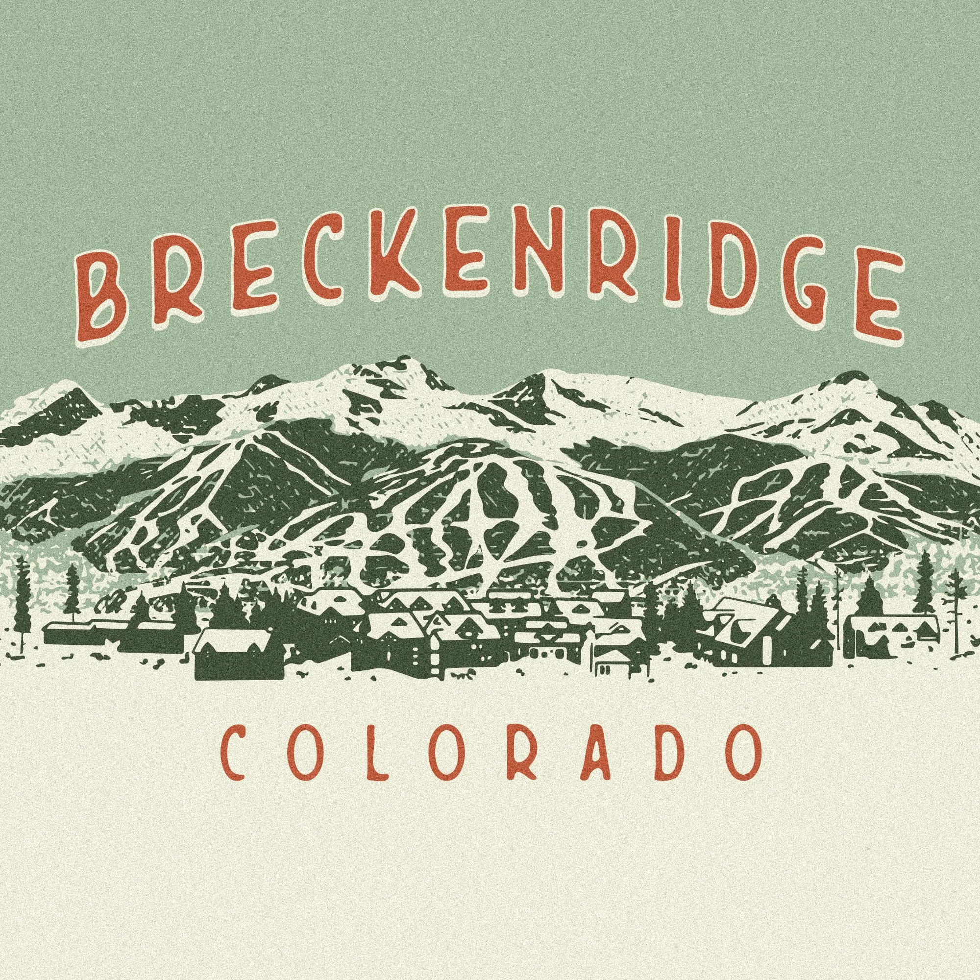 Illustration of Breckenridge, Colorado, showing mountains with ski trails, a small town with houses, trees, and snow, and the text 'Breckenridge Colorado' at the top in red letters.