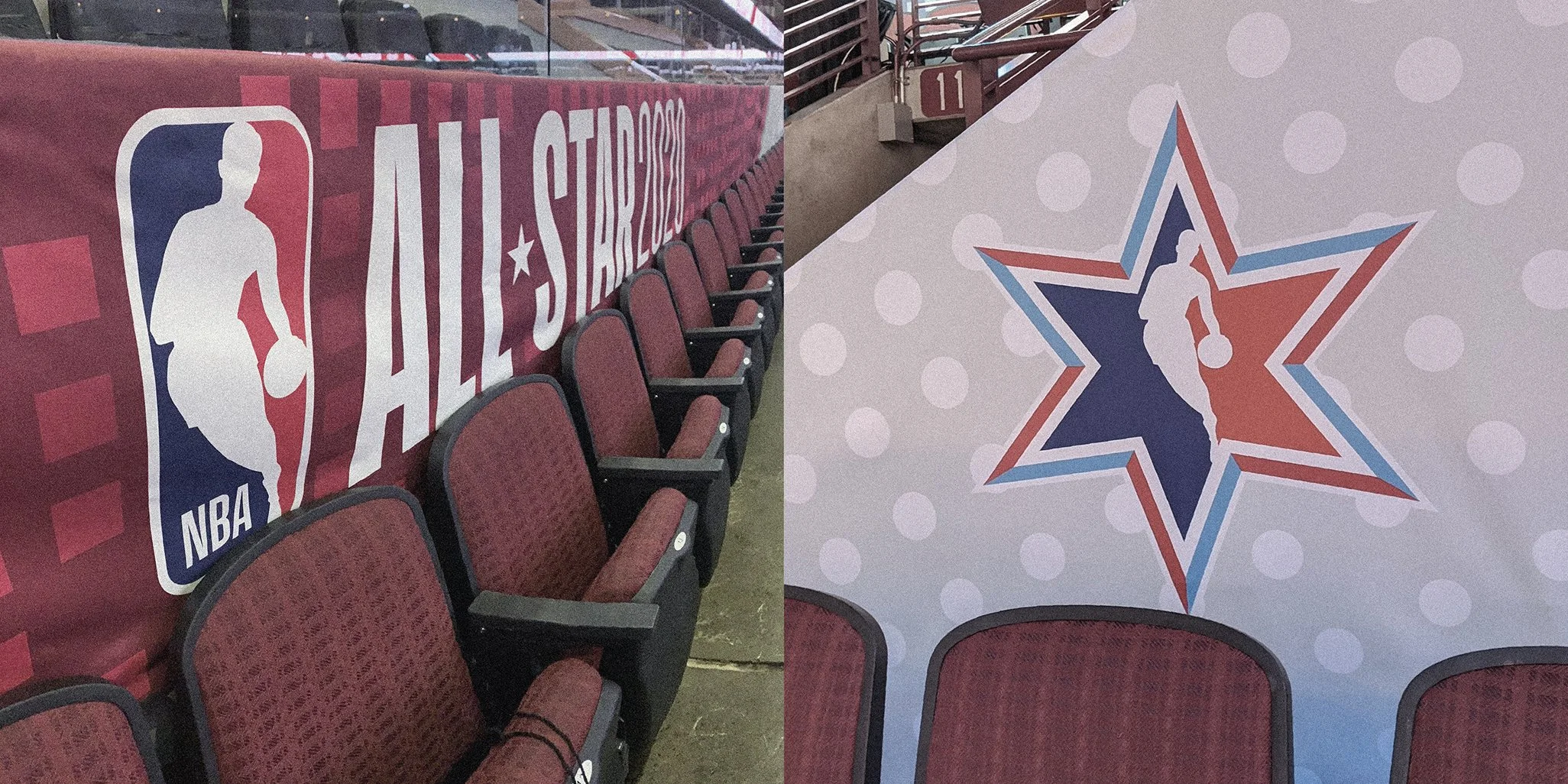 Basketball arena seating area with NBA All-Star 2020 signage on the left and a wall featuring a star-shaped poster with a basketball player silhouette on the right.