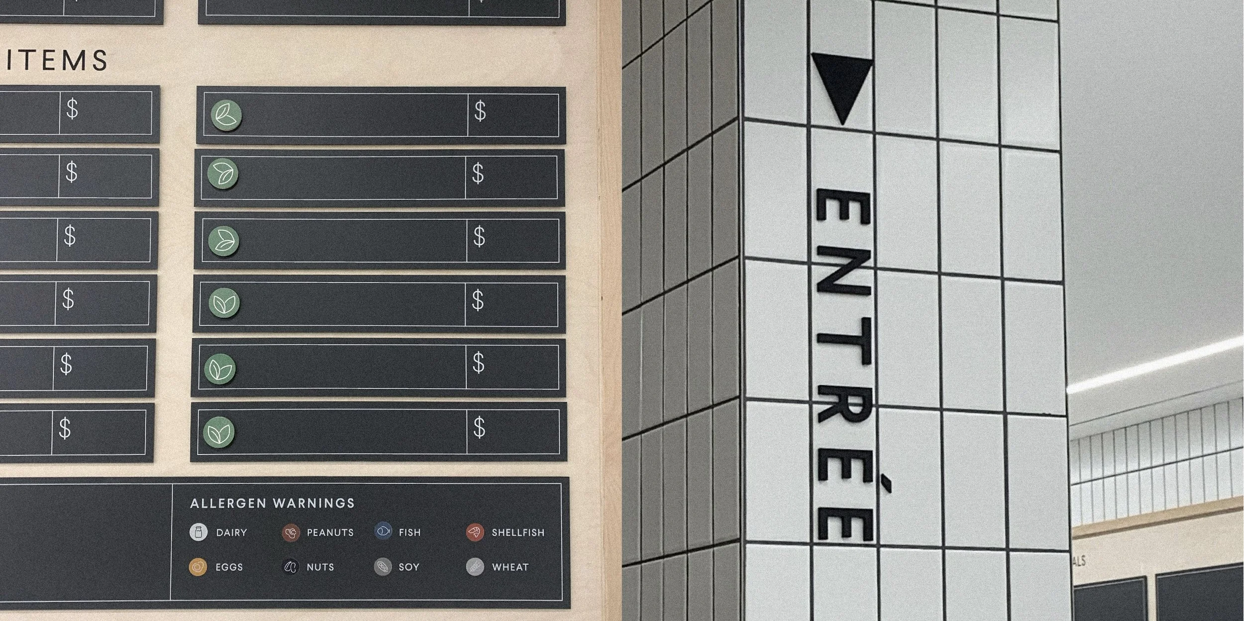Store menu board with allergen warnings and a sign reading 'ENTRÉE' on a tiled wall.