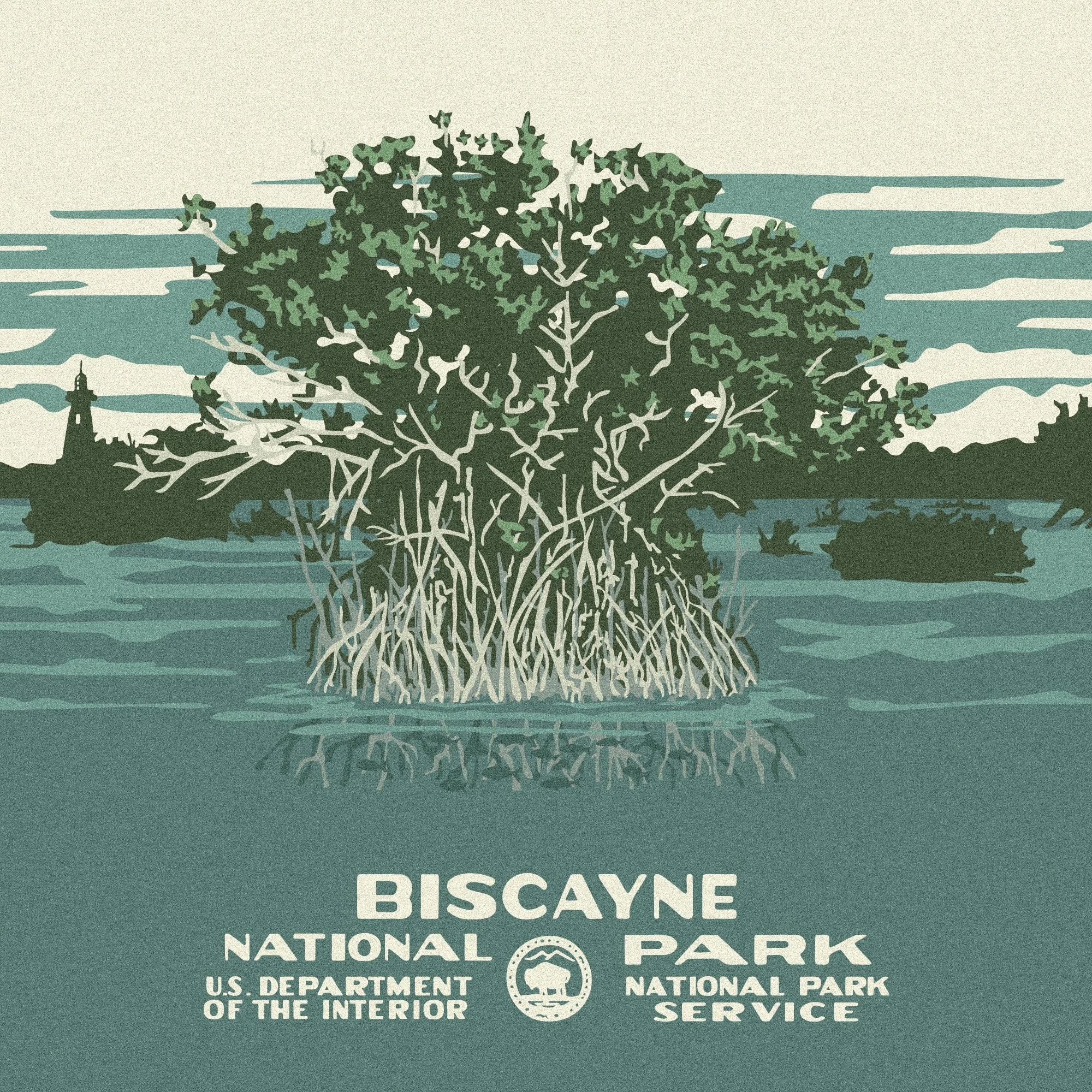 A stylized illustration of a mangrove tree in Biscayne National Park, Florida, with water and a distant lighthouse in the background, along with the park's logo and text.
