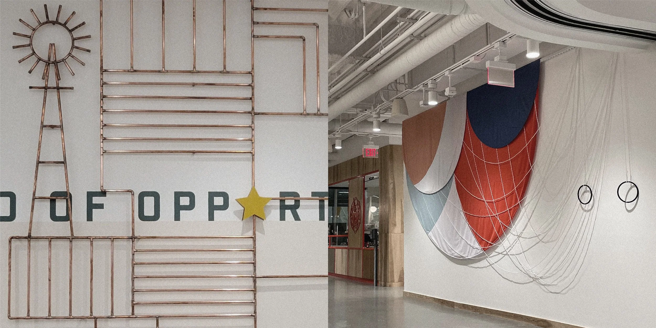 Decorative wall art with copper pipes and a yellow star, spelling out parts of the word 'OPPORTUNITY.' On the right, a textured installation with fabric and ropes resembling a geometric art piece with circles.