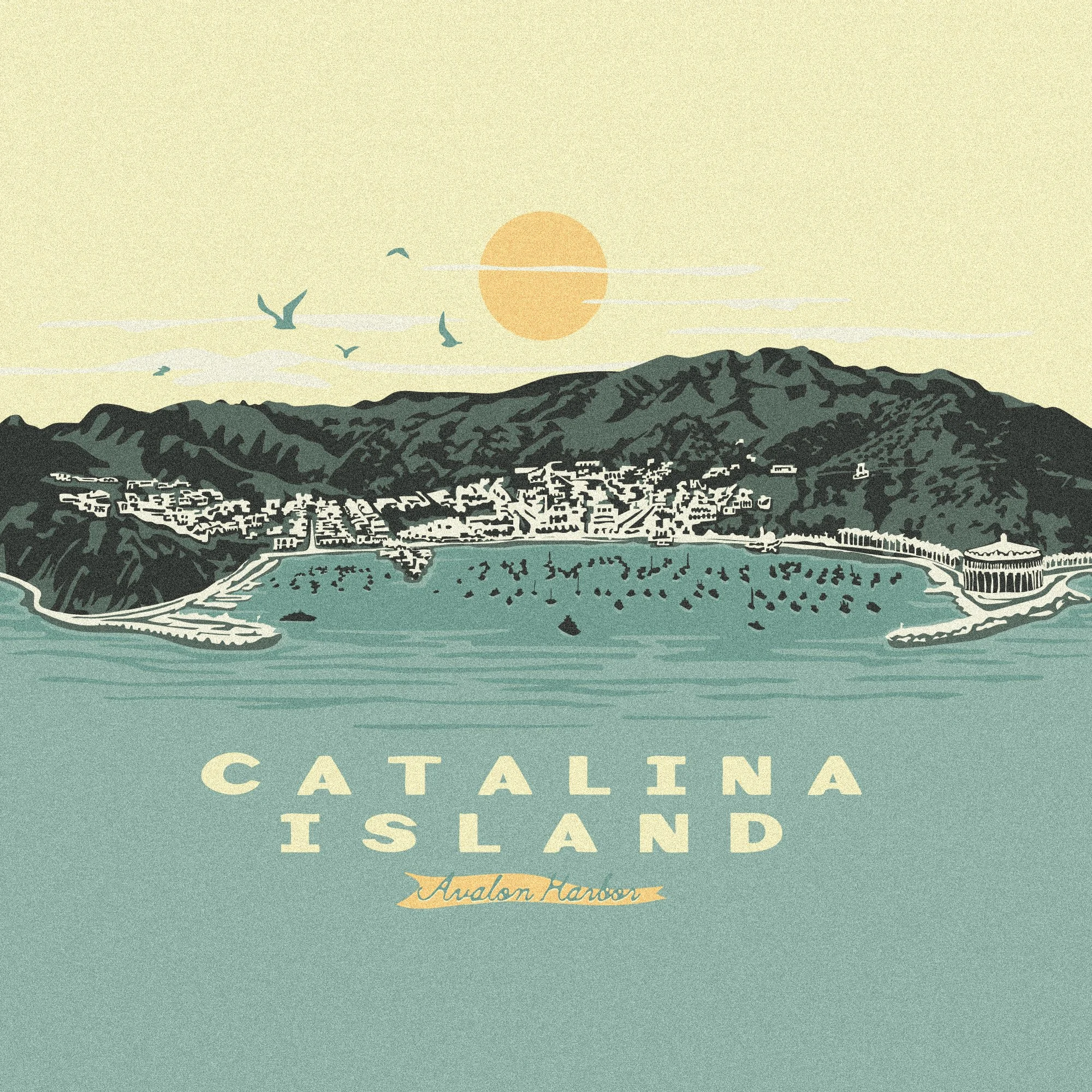 Illustration of Catalina Island at sunset with mountains, beach, and water, including boats and a historic building, titled 'Catalina Island Avalon Harbor'.
