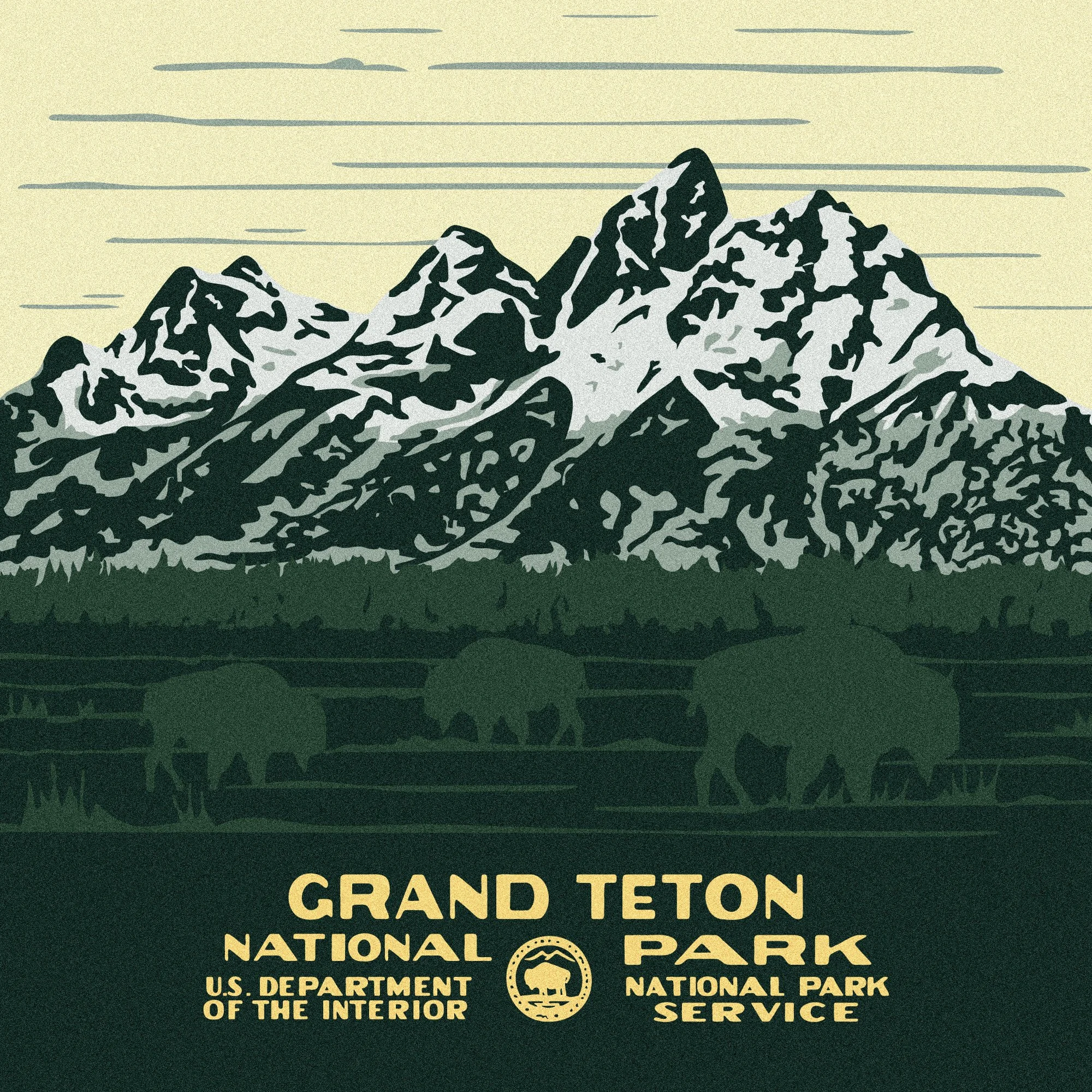 Illustration of the Grand Teton mountains with snow-capped peaks, along with text stating 'Grand Teton National Park, U.S. Department of the Interior, National Park Service' and a park emblem.