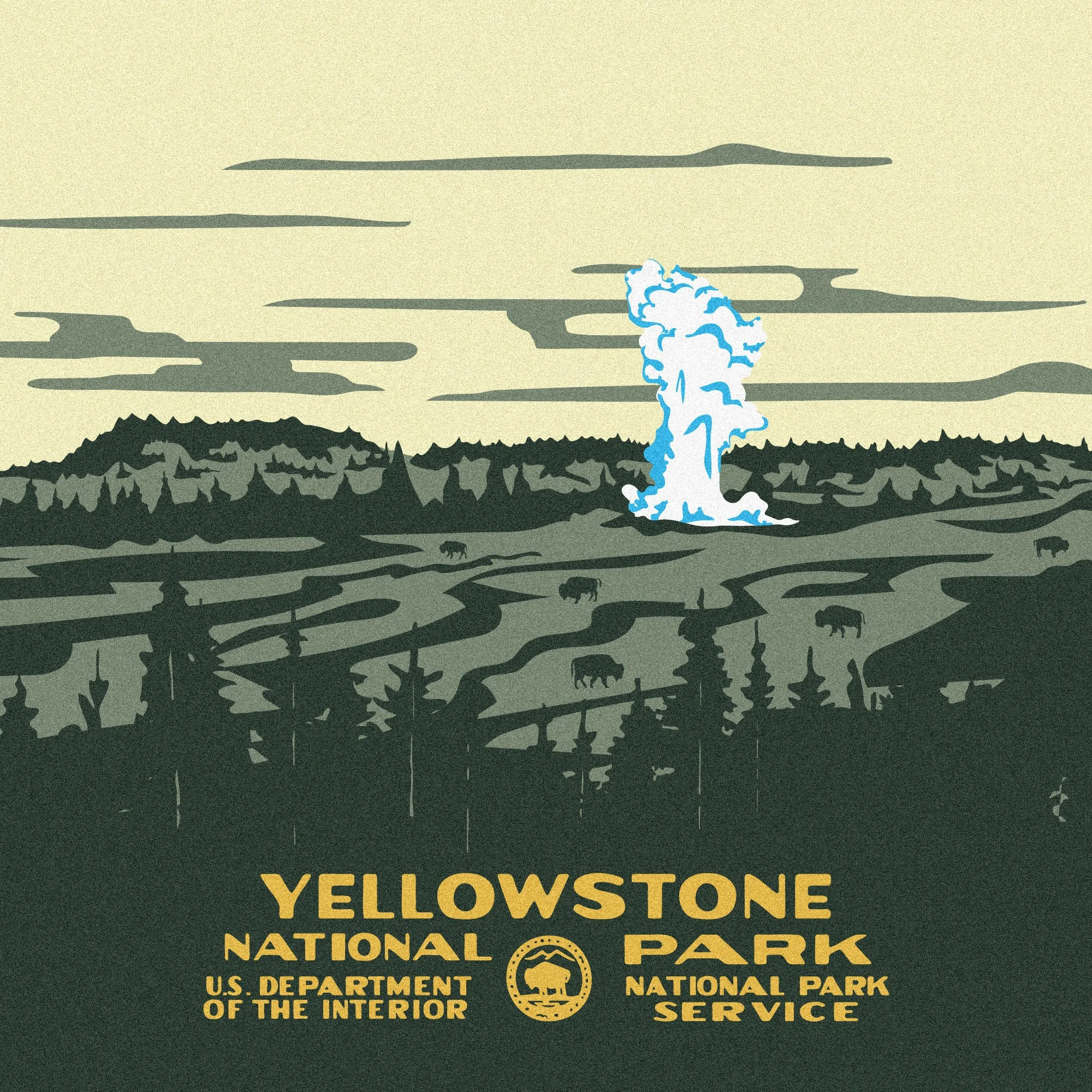 Illustration of Yellowstone National Park landscape with geyser erupting, trees, and animals, with text 'Yellowstone National Park, U.S. Department of the Interior, National Park Service' at the bottom.