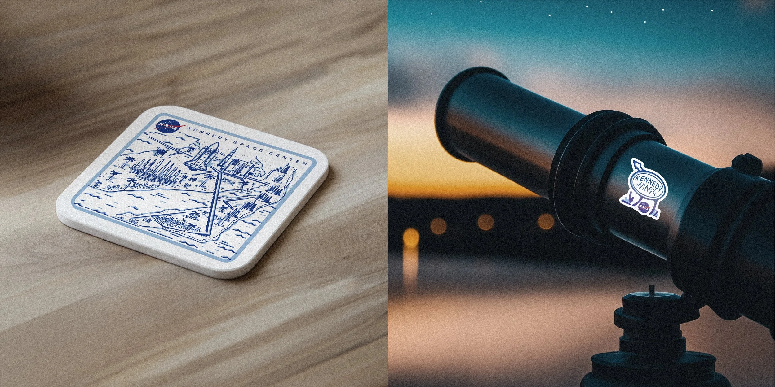 A NASA coaster with Kennedy Space Center sticker on a wooden surface and a telescope with a Kennedy Space Center sticker against a sunset or dusk sky.