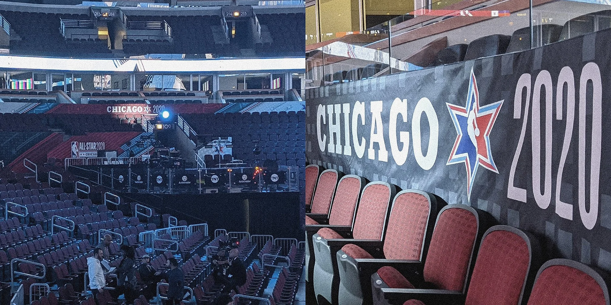 Empty red seats and a barrier with a basketball-themed banner reading 'Chicago 2020' at an indoor arena setting, with some people visible on the lower left.