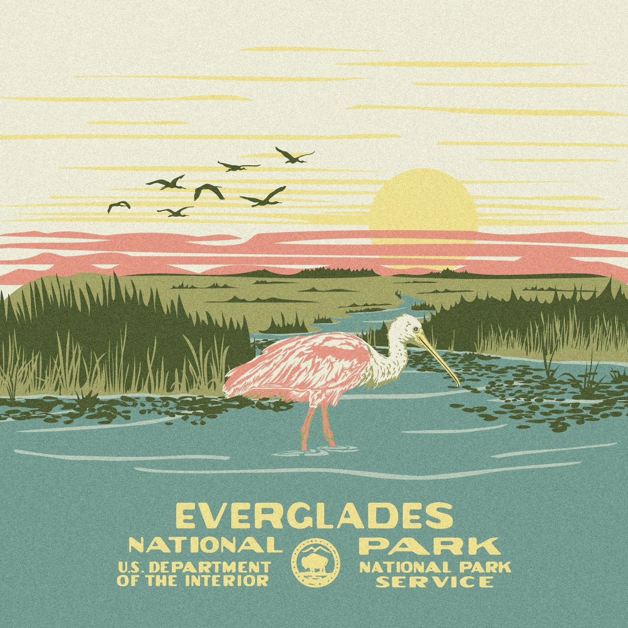 Illustration of Everglades National Park at sunset with a pink heron wading in water, flying birds in the sky, tall grass, and a setting sun on the horizon. Text reads 'Everglades National Park, U.S. Department of the Interior, National Park Service.