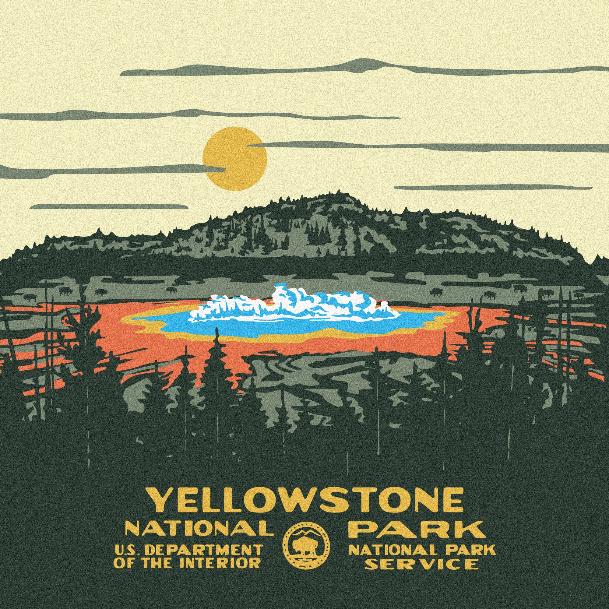 Illustration of Yellowstone National Park, featuring a geyser erupting, trees in the foreground, a mountain in the background, and the sun in the sky, with text indicating it is a U.S. national park.