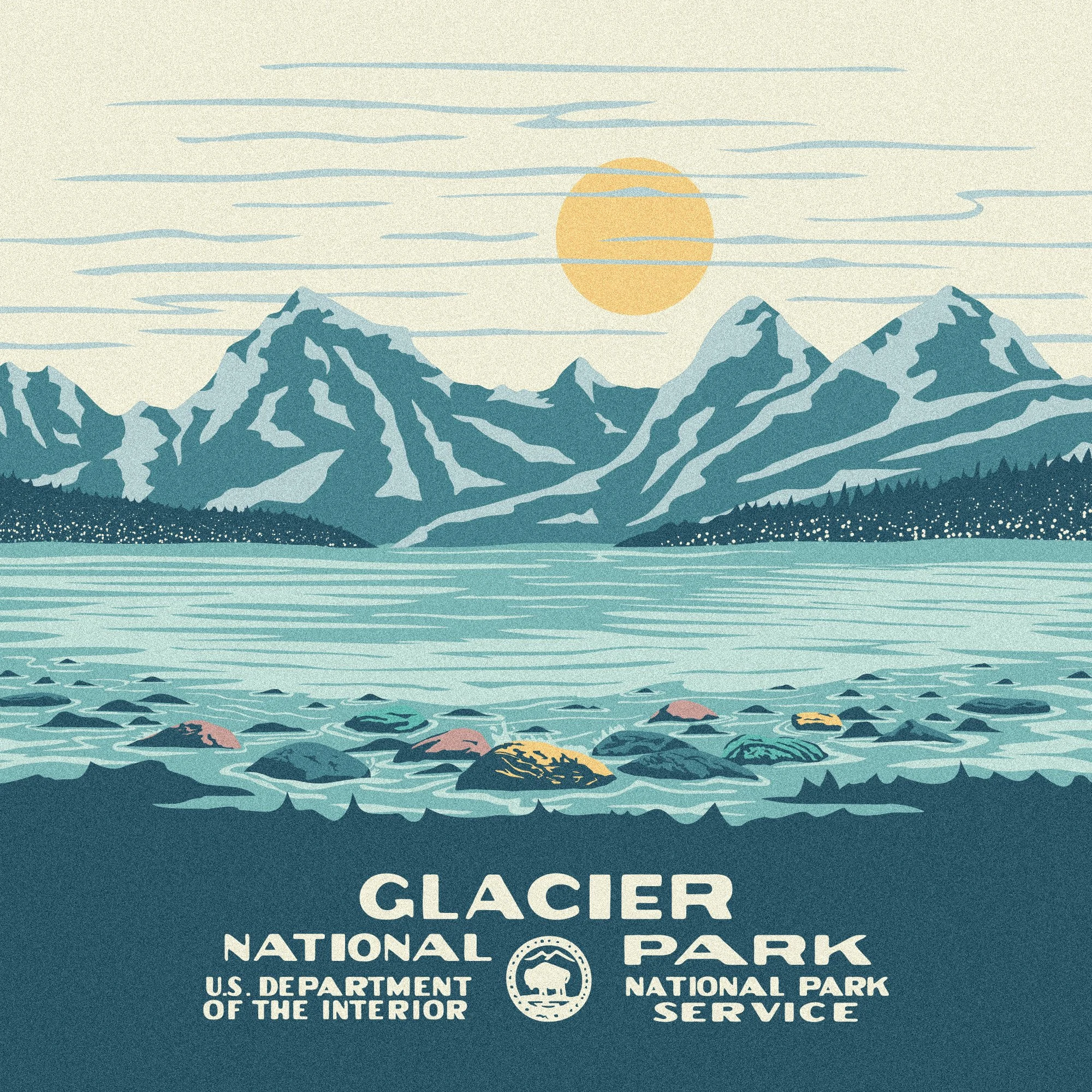 Illustration of Glacier National Park with mountains, water, and a setting sun.