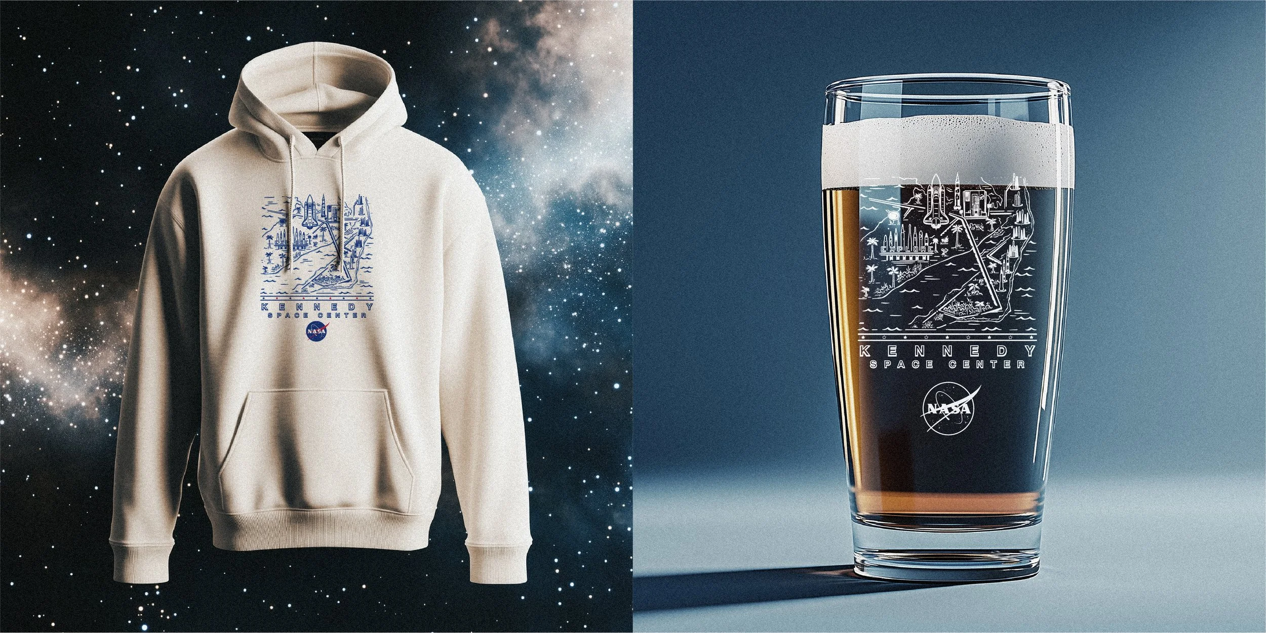 A white hoodie with a NASA space center graphic on the front, and a glass of dark beer with a transparent sticker of the same space center graphic on the front, both featuring the Kennedy Space Center logo, against a starry space-themed background.