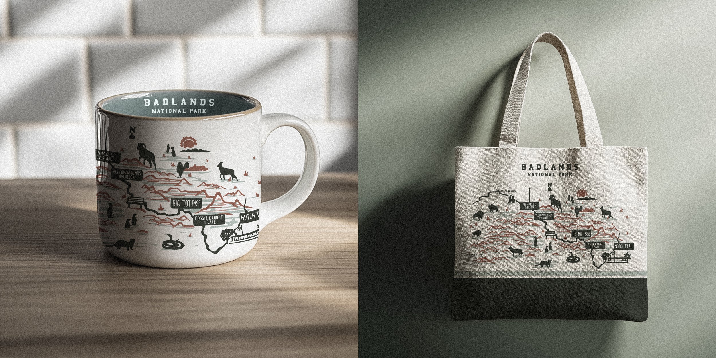 A ceramic mug and a tote bag both featuring a stylized map of Badlands National Park with labels of landmarks and routes, placed against a plain background.