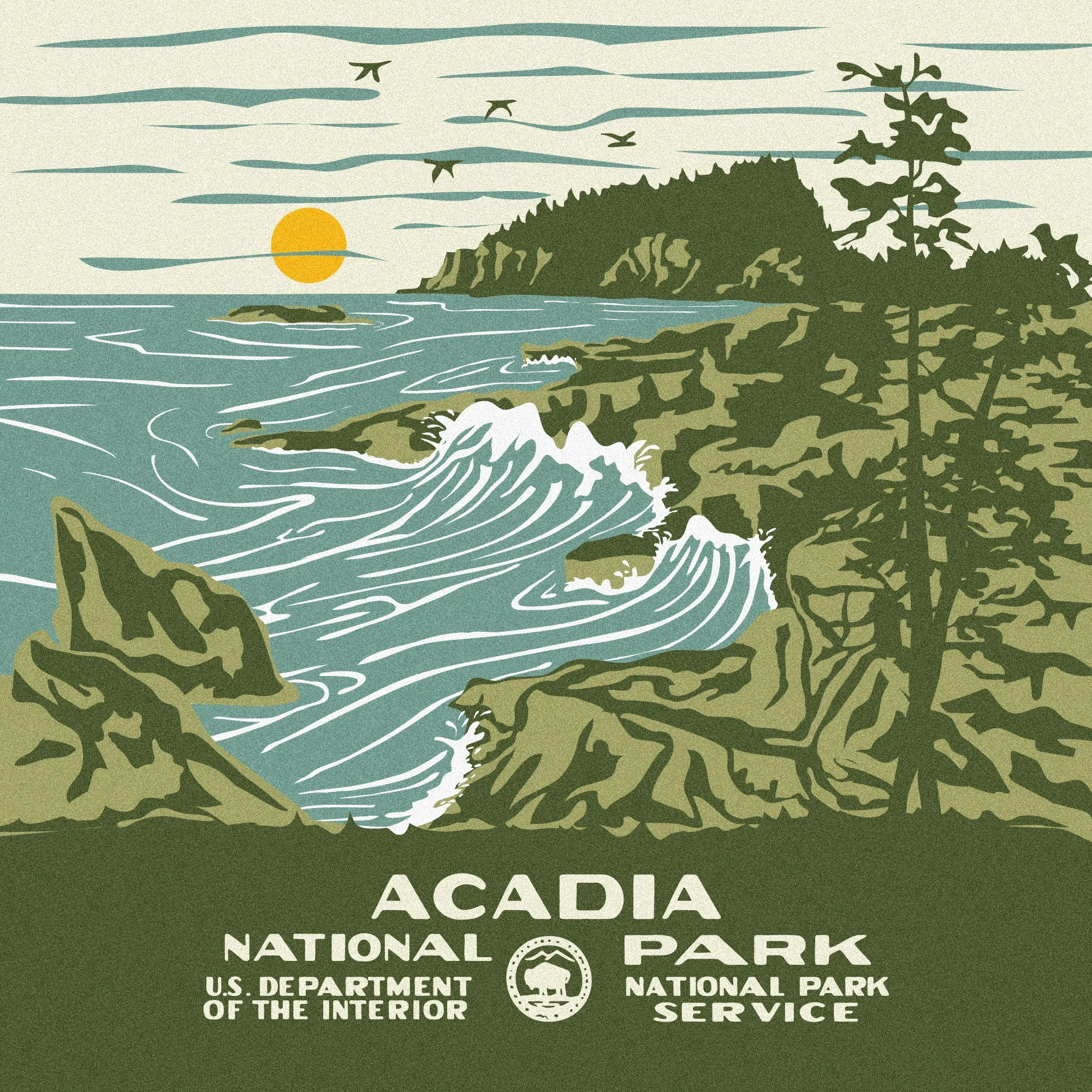 Illustration of a coastal landscape with rocky cliffs, waves crashing, a tree on the right, and a setting sun on the horizon, representing Acadia National Park.