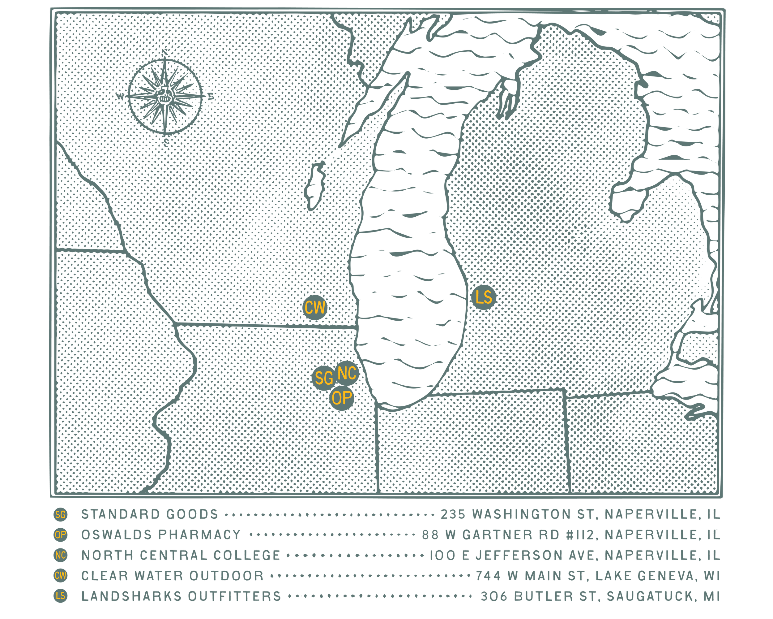 Map of Lake Geneva, Wisconsin, showing different locations marked with abbreviations and their addresses. Locations include Standard Goods, Oswalds Pharmacy, North Central College, Clear Water Outdoor, and Landsharks Outfitters.