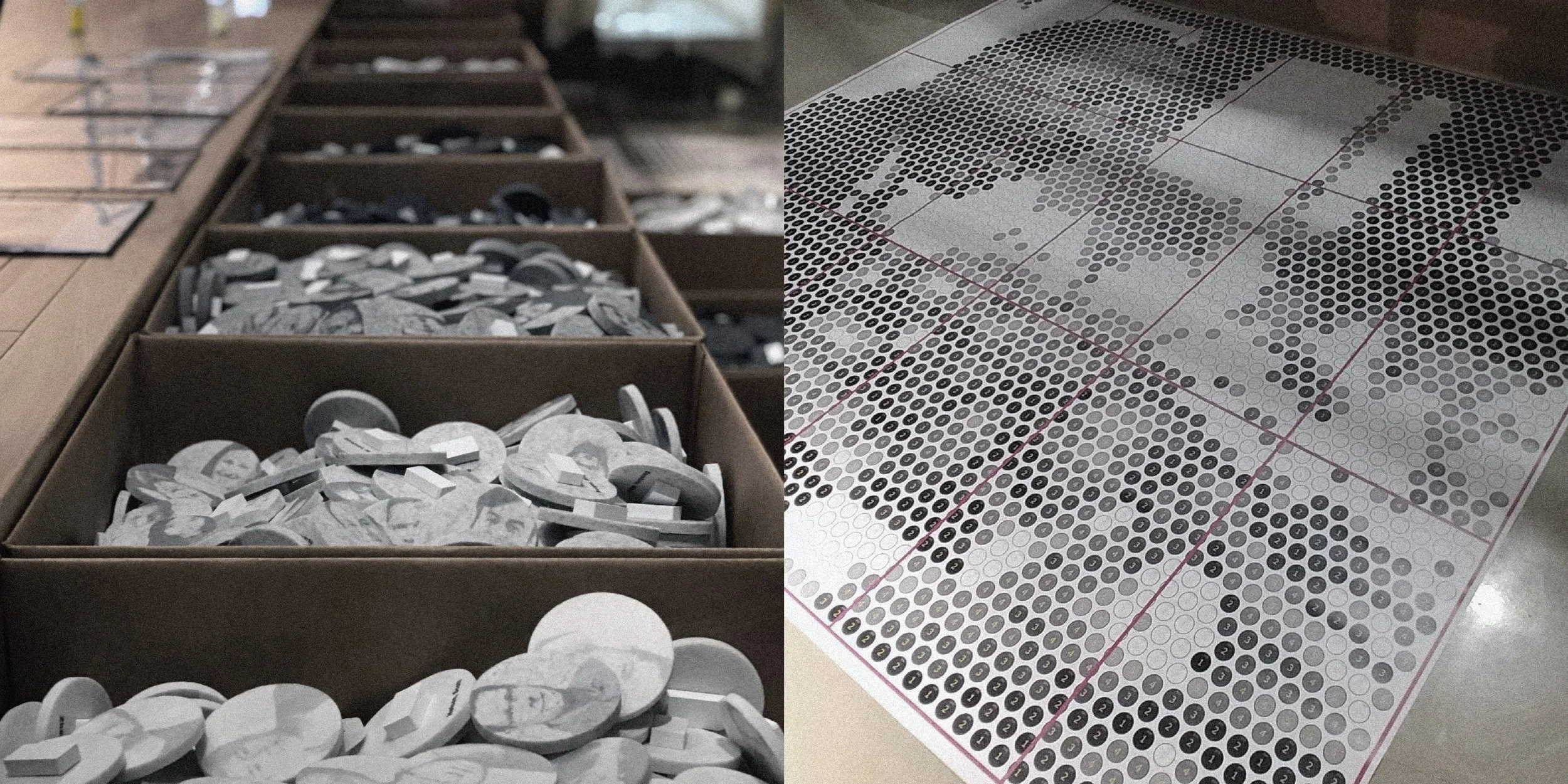 Aboard a Polling station, multiple punched ballots in white and gray, arranged in separate sections, side by side outcome sheet with rows of black and gray voting dots marked on the paper.