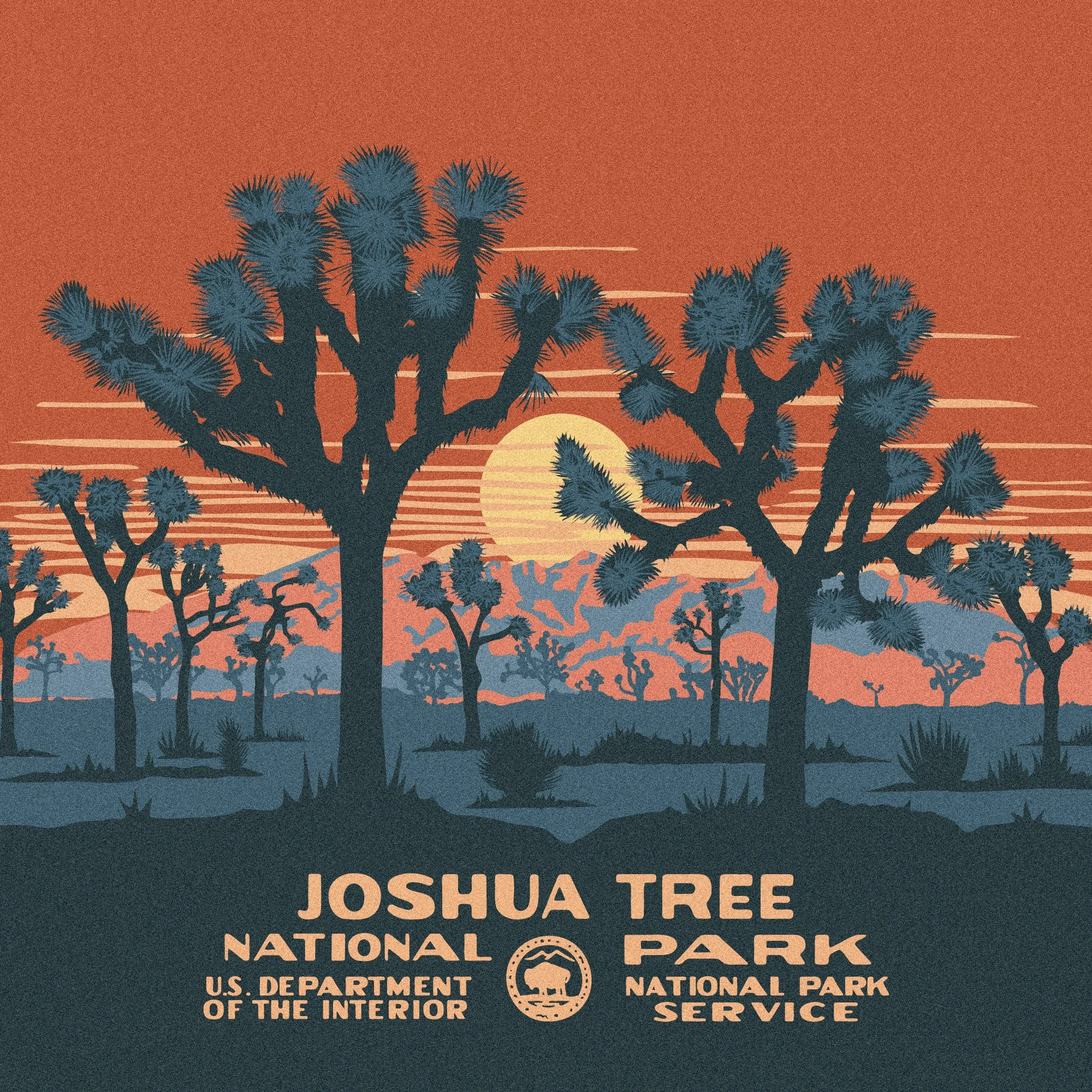 Stylized poster of Joshua Tree National Park, showing silhouetted Joshua trees against a sunset with mountains in the background.