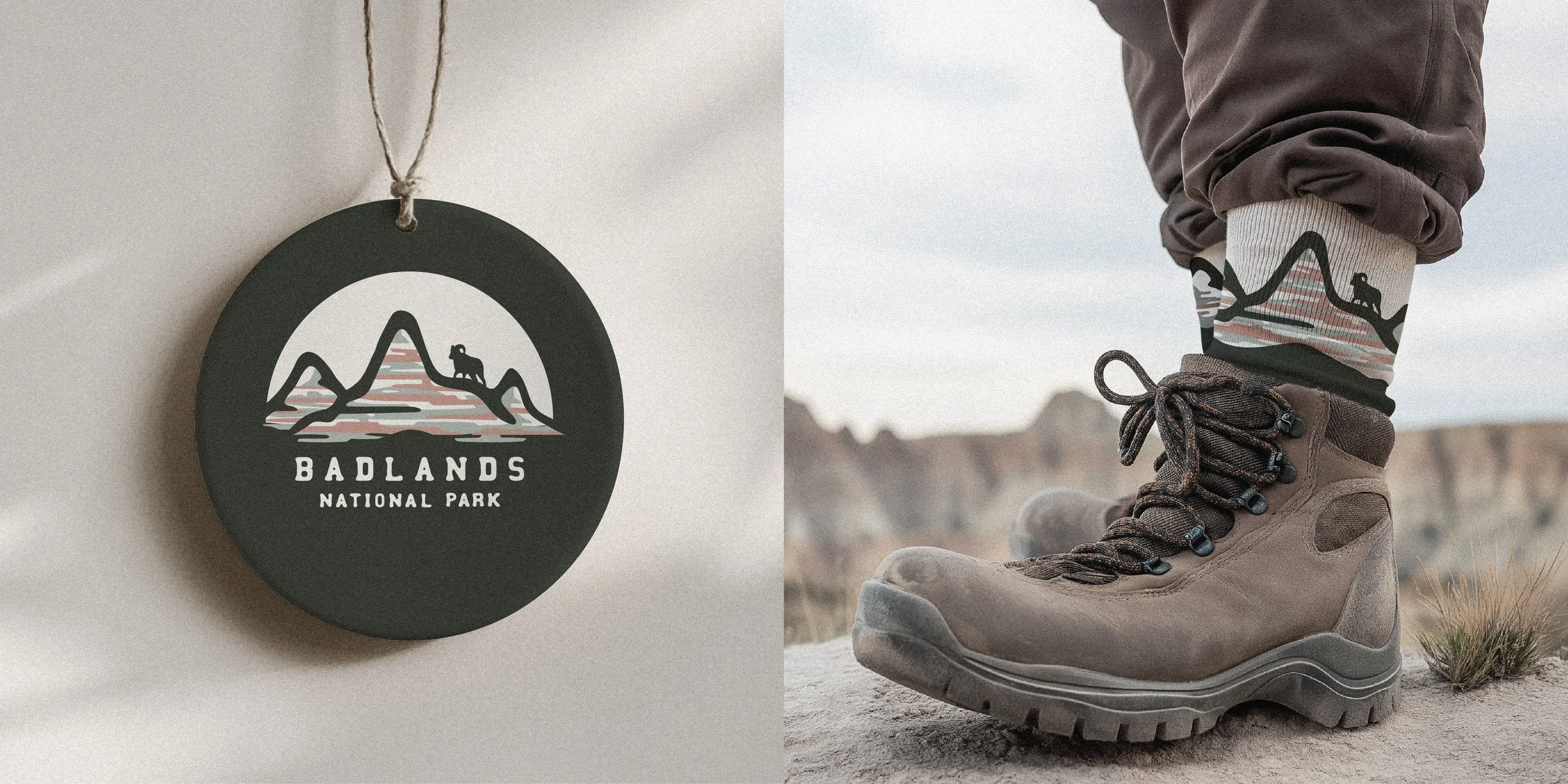 Badge with mountains and a hiker logo that reads 'Badlands National Park' and a person's foot wearing a hiking boot and a sock with a mountain design, standing on a rocky terrain in a national park.