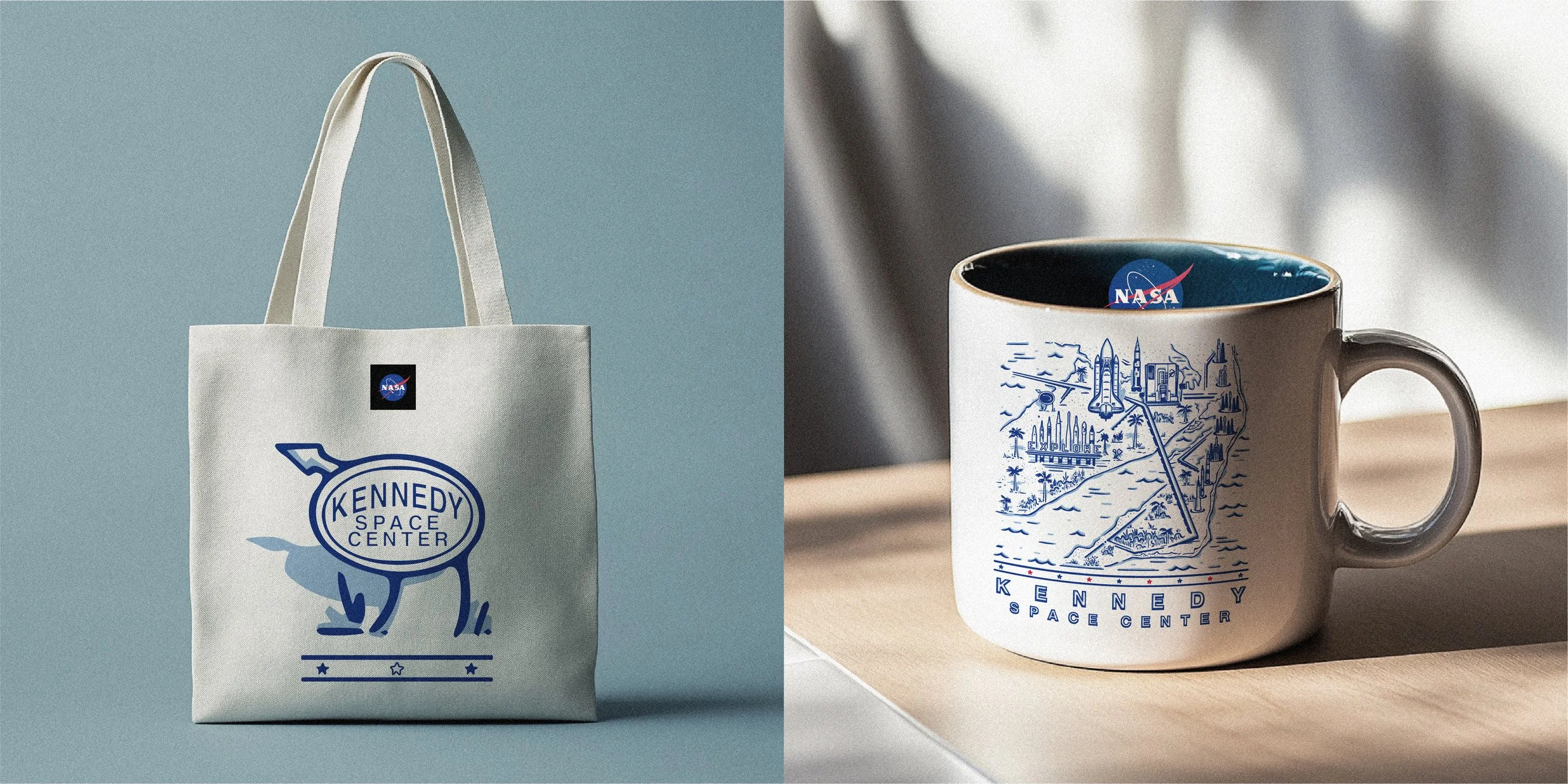 A white tote bag and a coffee mug, both with NASA and Kennedy Space Center designs.
