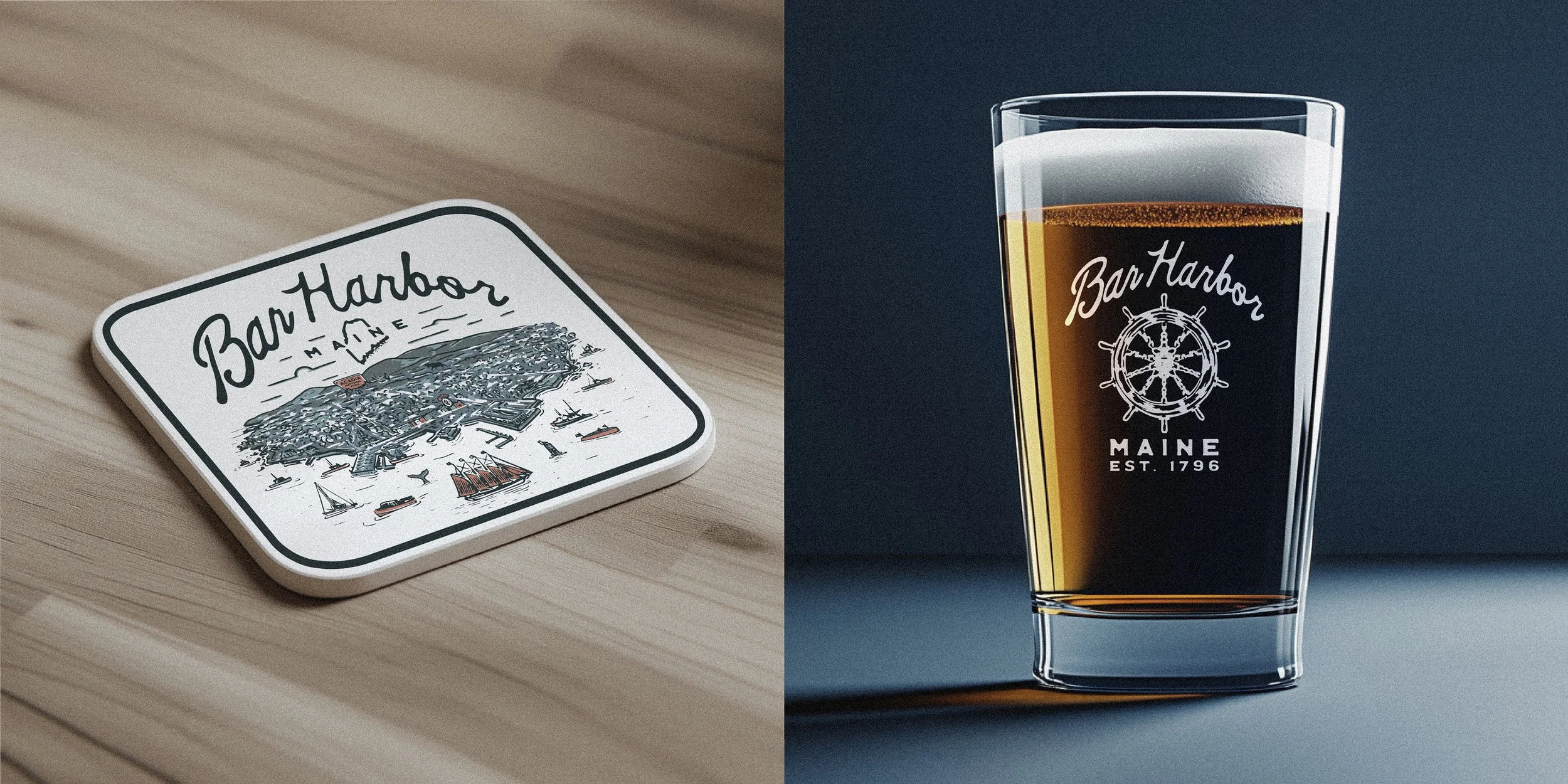 Left side: A square coaster featuring the Bar Harbor Maine logo with an illustration of a harbor and boats, placed on a wooden surface. Right side: A glass of dark beer with a foamy head, branded with the Bar Harbor Maine logo, set against a dark bac