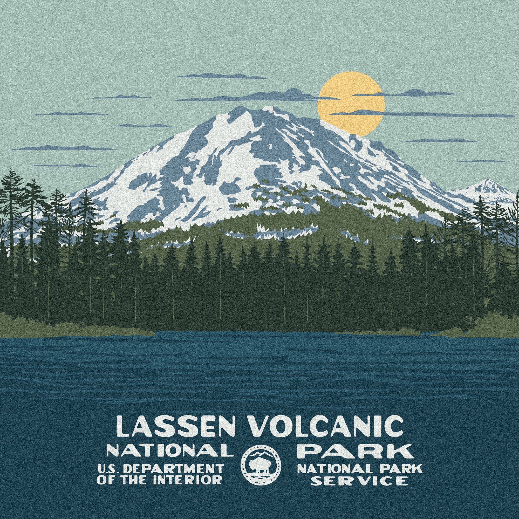 Illustration of Mount Lassen with snow caps, a yellow sun, pine trees in the foreground, and text indicating Lassen Volcanic National Park, U.S. Department of the Interior, and National Park Service.