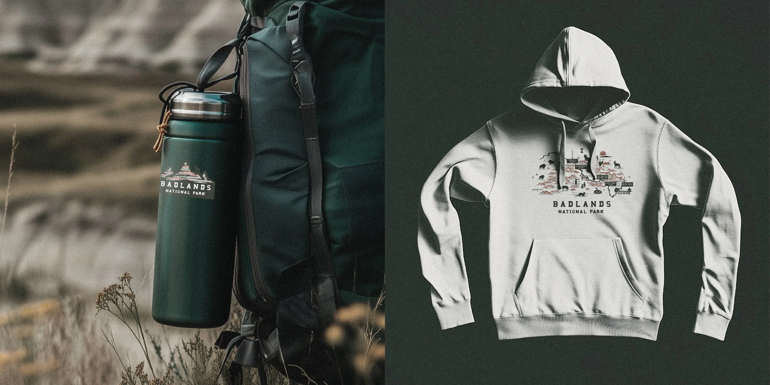 Left side: close-up of a backpack with a green water bottle attached, bearing a Badlands National Park logo. Right side: light gray hoodie with adjustable drawstrings, featuring a Badlands National Park graphic design, laid flat on a dark surface.
