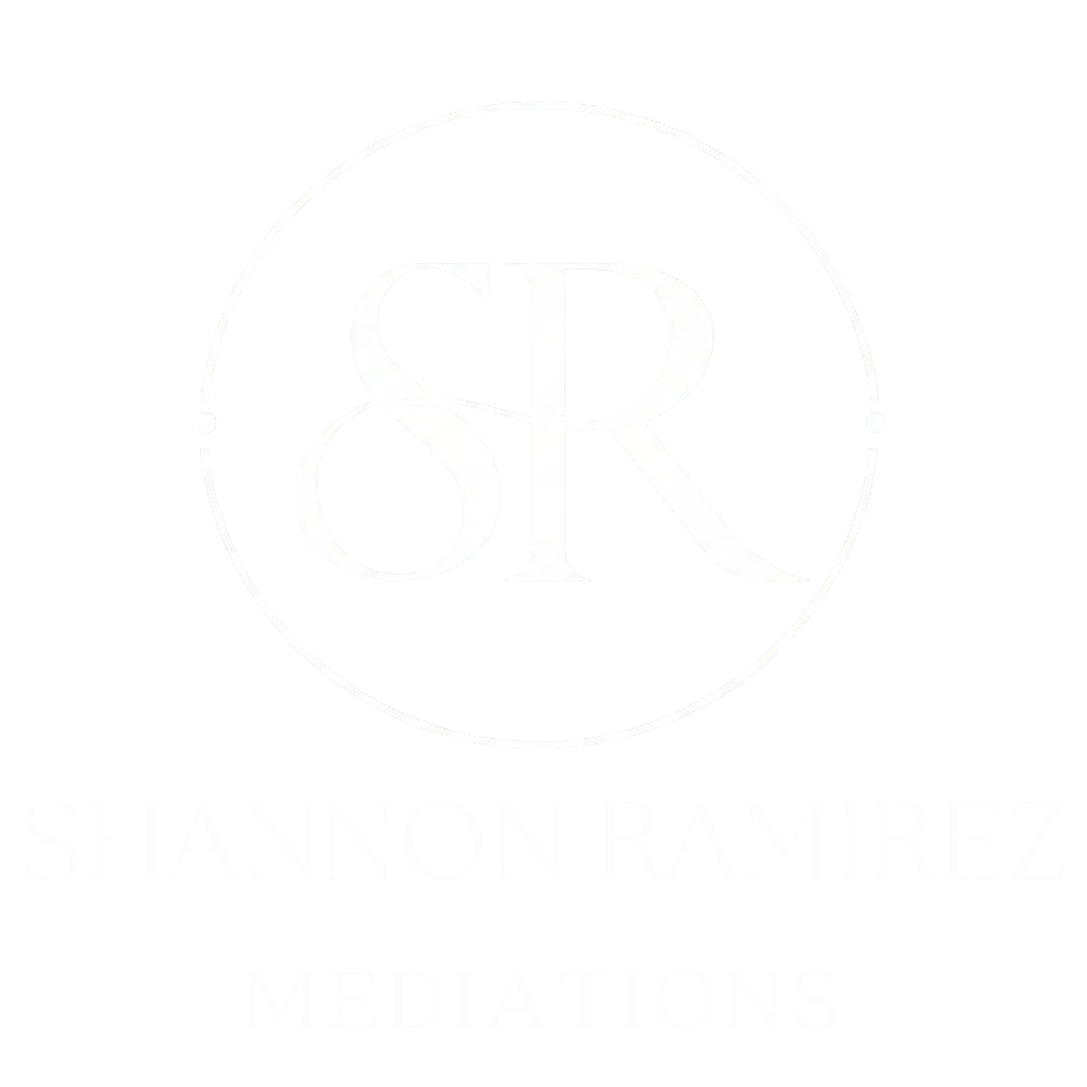 Black background with a white logo featuring overlapping letters S and R inside a circle, and the text "Shannon Ramirez Mediations" below.