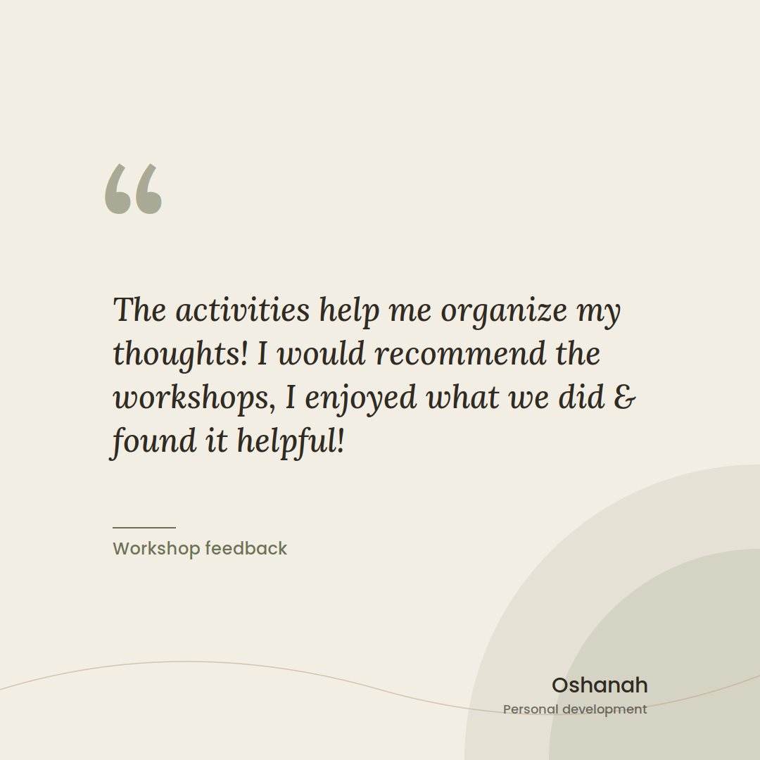 Workshop feedback quote about organizing thoughts through activities, with the name Osnanh and personal development.