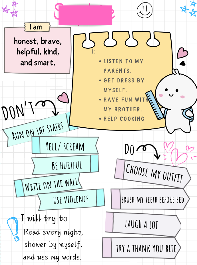 A colorful, illustrated poster with a list of positive and negative behaviors, a cute cartoon character holding a ruler, and various inspirational and humorous messages aimed at children, including a list of things to do and not to do.