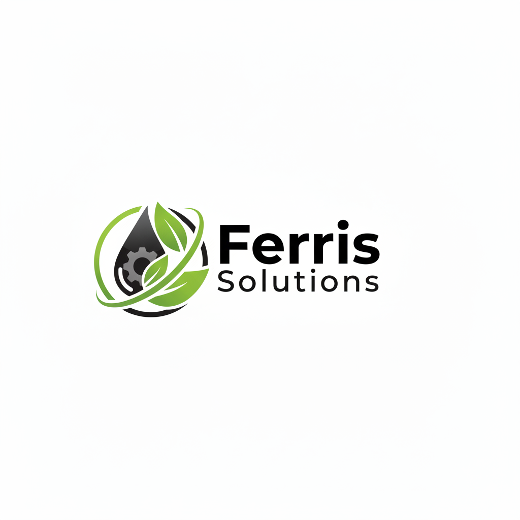 Logo for Ferris Solutions featuring a gear, leaves, and a water droplet.
