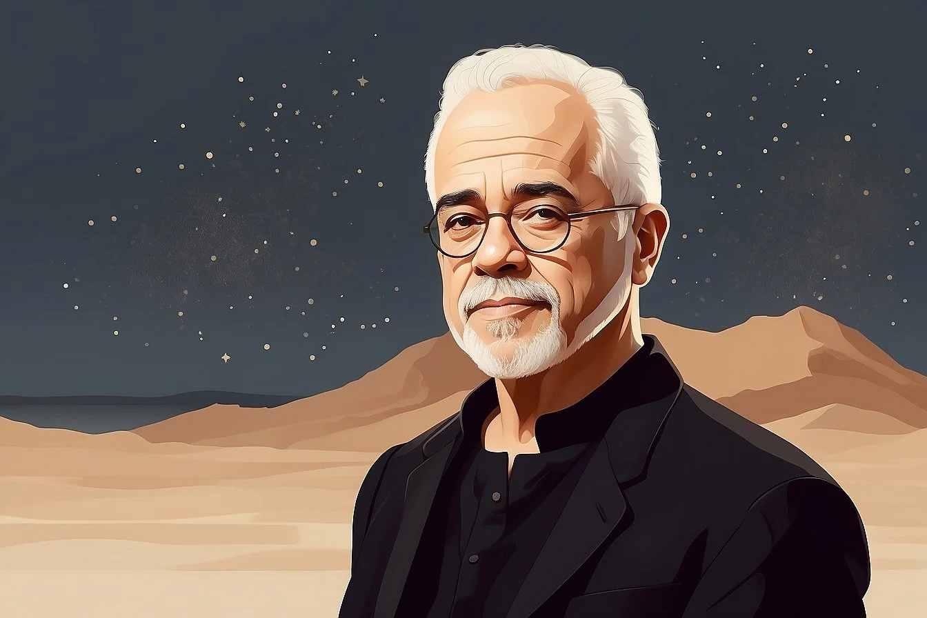 Ilustração de um homem idoso com cabelo e barba brancos, usando óculos, vestido de preto, com uma paisagem desértica ao fundo e um céu estrelado.