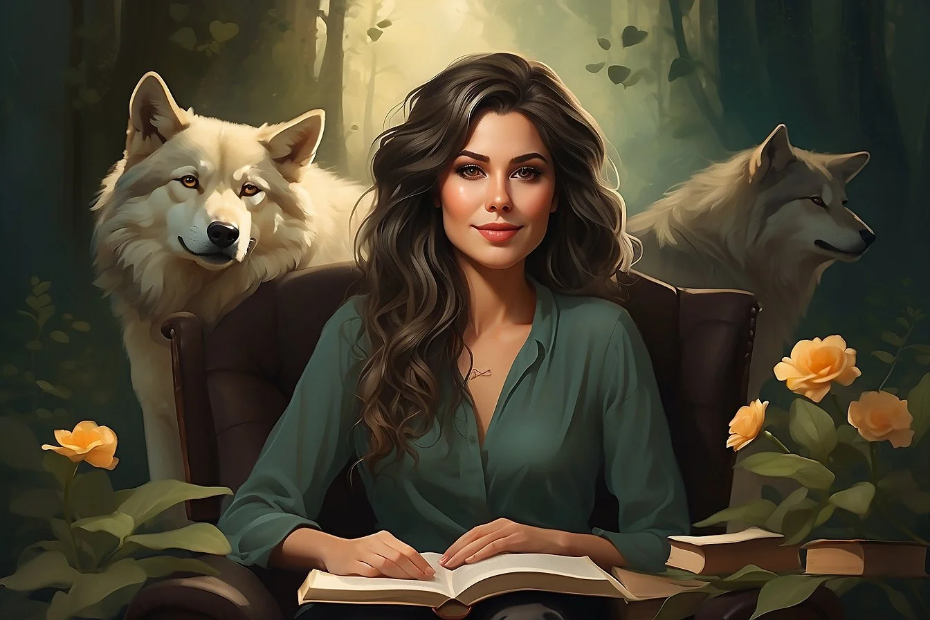 Ilustração de uma mulher com cabelos castanhos ondulados sentada em uma poltrona com um livro aberto no colo, ao fundo há uma floresta com dois lobos brancos e flores amarelas.