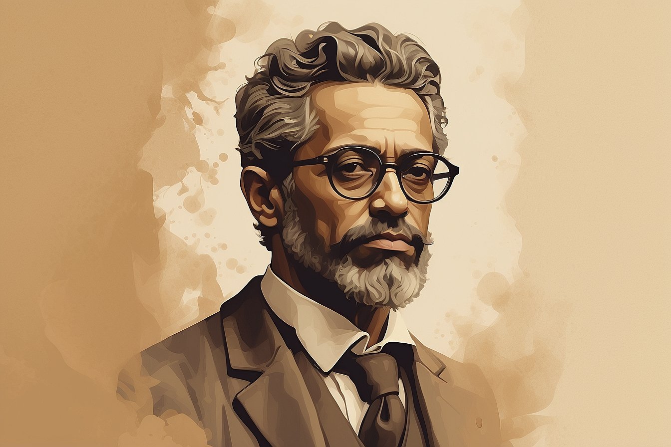 Ilustração de um homem de cabelo grisalho, barba e bigode, usando óculos, terno, camisa branca e gravata marrom, com fundo abstrato em tons de bege.