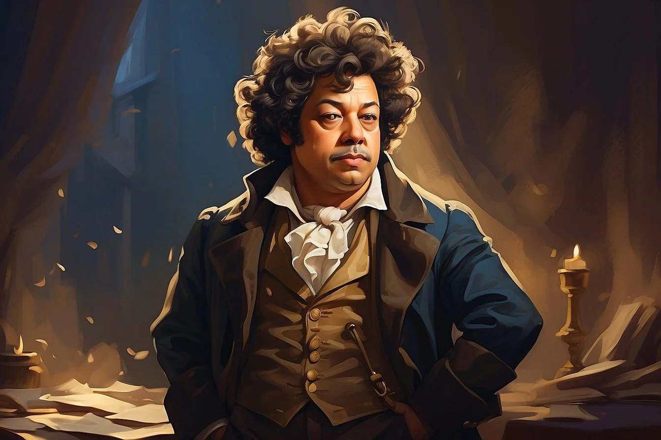 Retrato digital de um homem com cabelo curly, vestindo roupa antiga, em um ambiente com livros, pergaminhos e uma vela acesa, ambiente que sugere um escritório ou biblioteca do século XVIII.