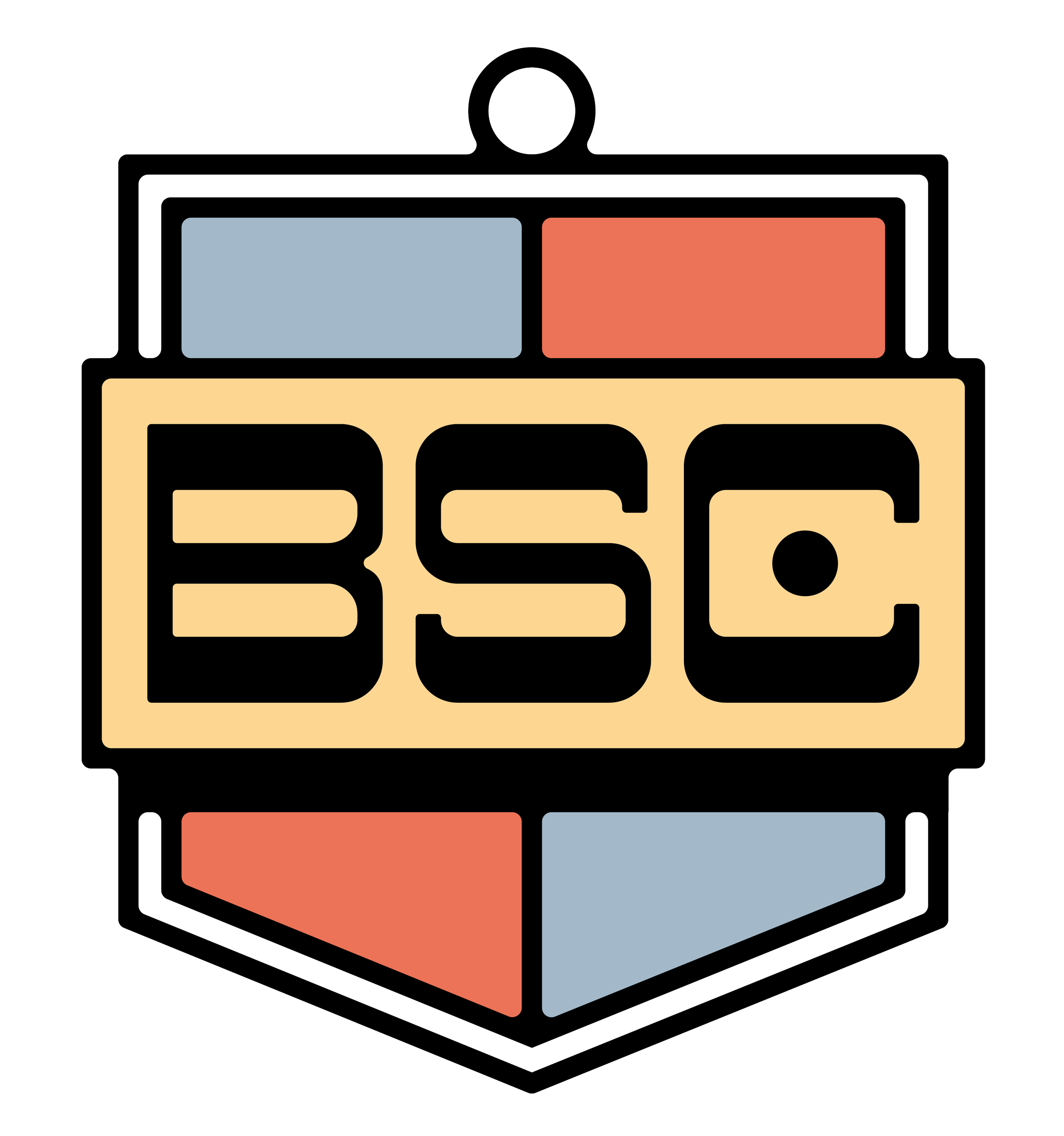 A badge with the letters 'BSC' in the center, surrounded by red and blue color blocks on a black background.