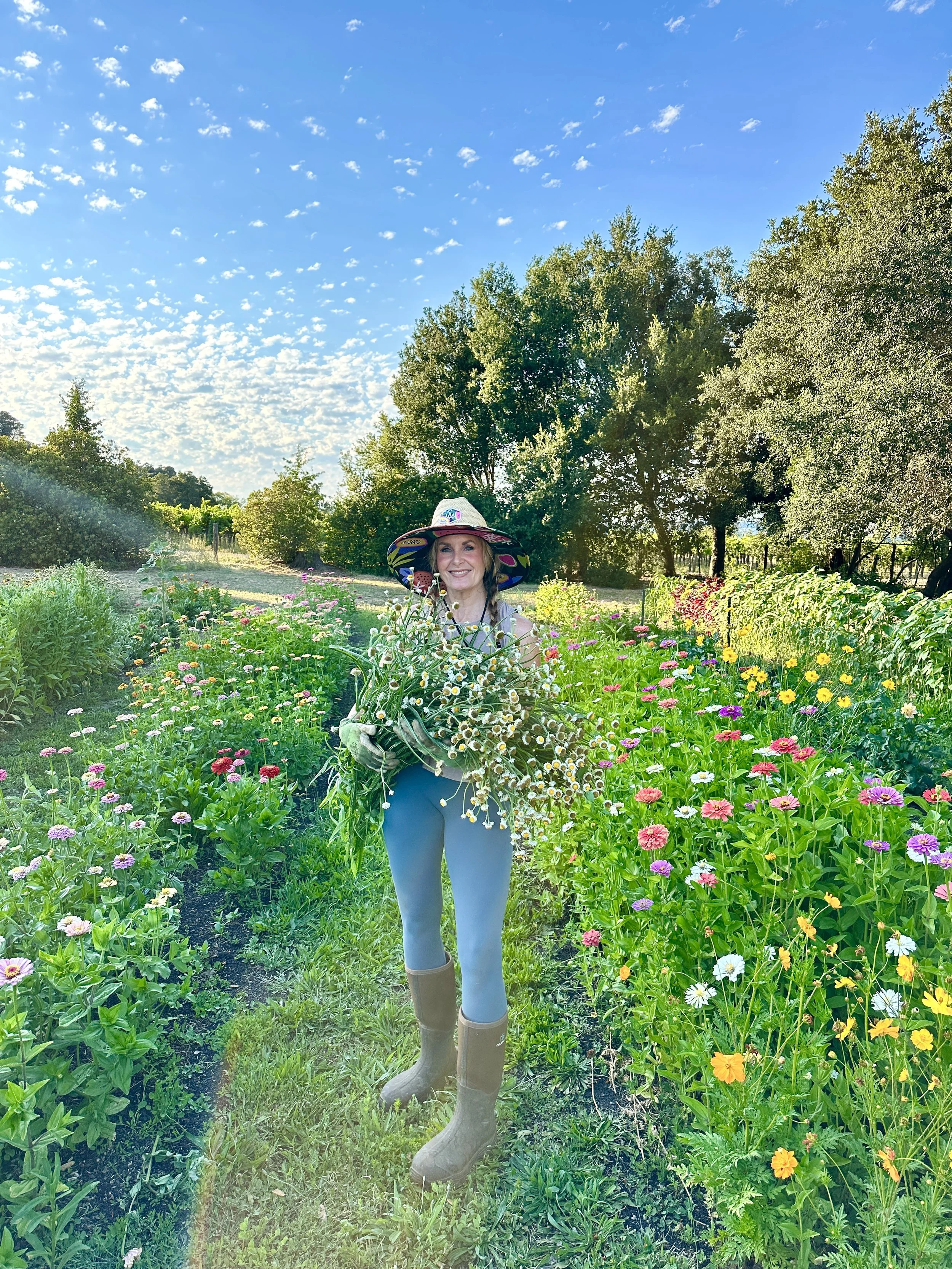A woman in a floral hat and gray pants stands in a colorful flower garden on a sunny day, holding a bouquet of daisies.