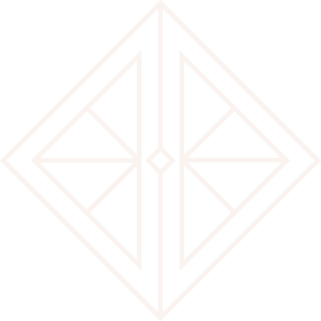 A geometric design with white lines forming a diamond shape and symmetrical patterns against a black background.