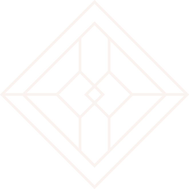 A geometric digital art design with white lines forming a symmetrical diamond and square pattern on a black background.