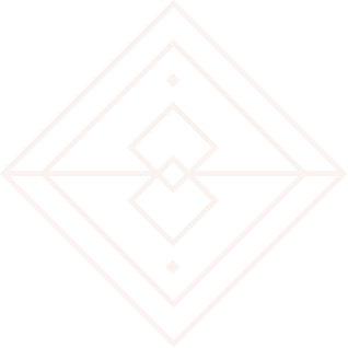 A black and white geometric design with layered diamond shapes and lines creating symmetrical patterns.